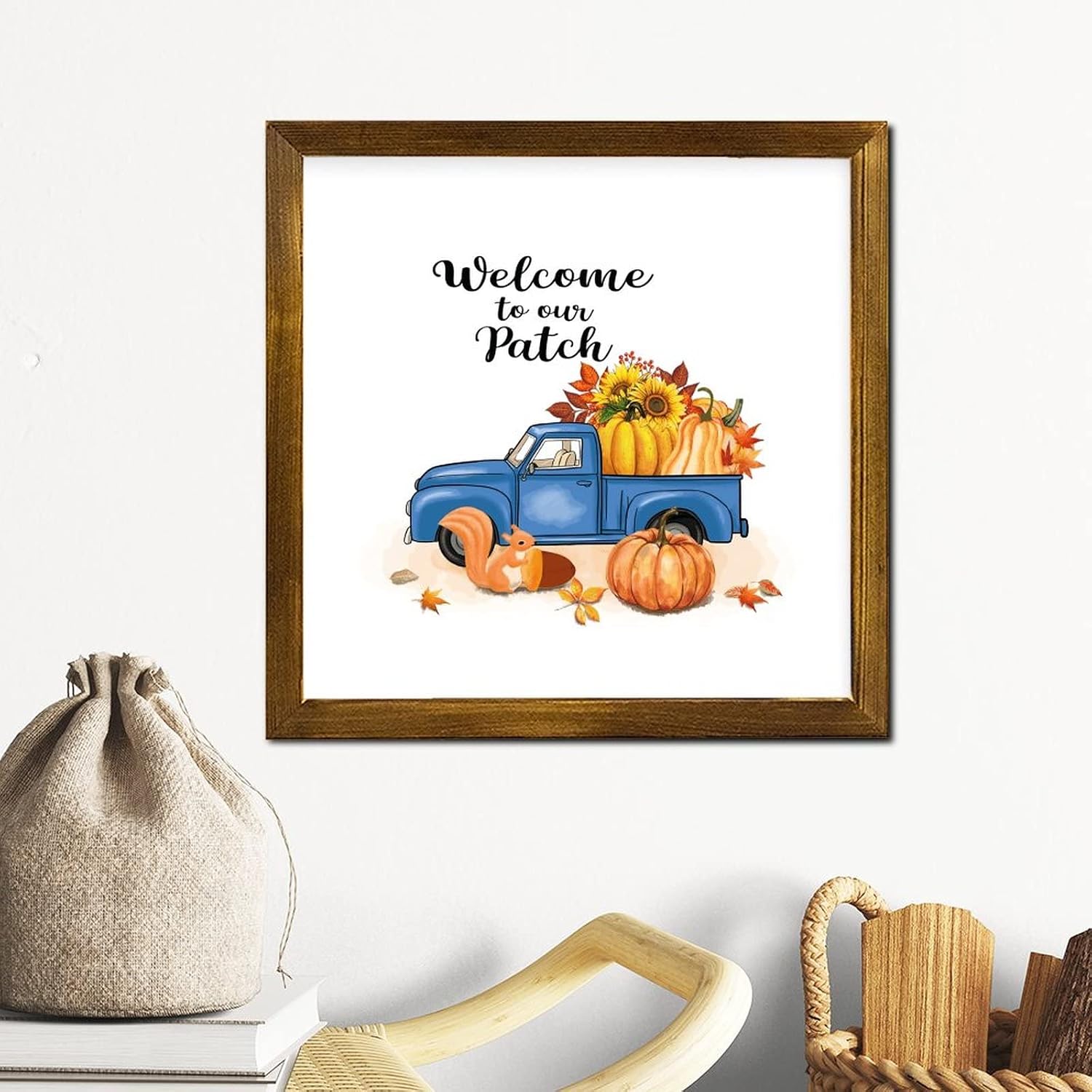 Welcome to Our Patch Blue Truck Wooden Framed Sign Gnome Pumpkin Sunflower Maple Leaves Porch Sign Rustic Farm Harvest Wall Decor Hanging Plaque Sign for Bedroom Living Room Shelf Home 12x12 inch