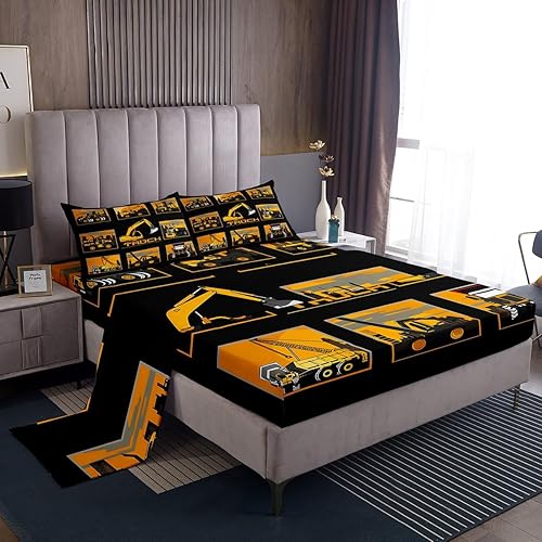 Erosebridal Juego de sábanas para cama de excavadora, tractor, camión, sábana bajera ajustable para niños, niñas, adolescentes, caricaturas,