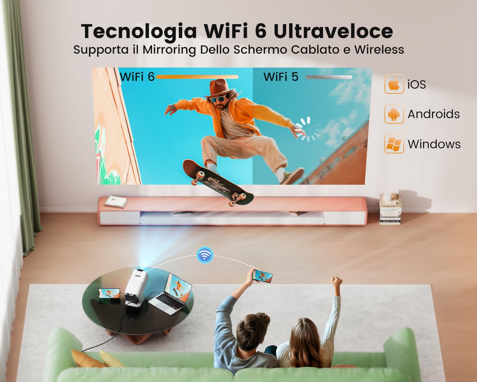 Mini Proiettore 4K Supporto, 20000 Lumen Portatile Videoproiettore Nativo 1080P WIFI Bluetooth TOPTRO Correzione Verticale Automatica Home Theater per IOS/HDMI/PS5/Fire Stick [Ruotabile di 270°]