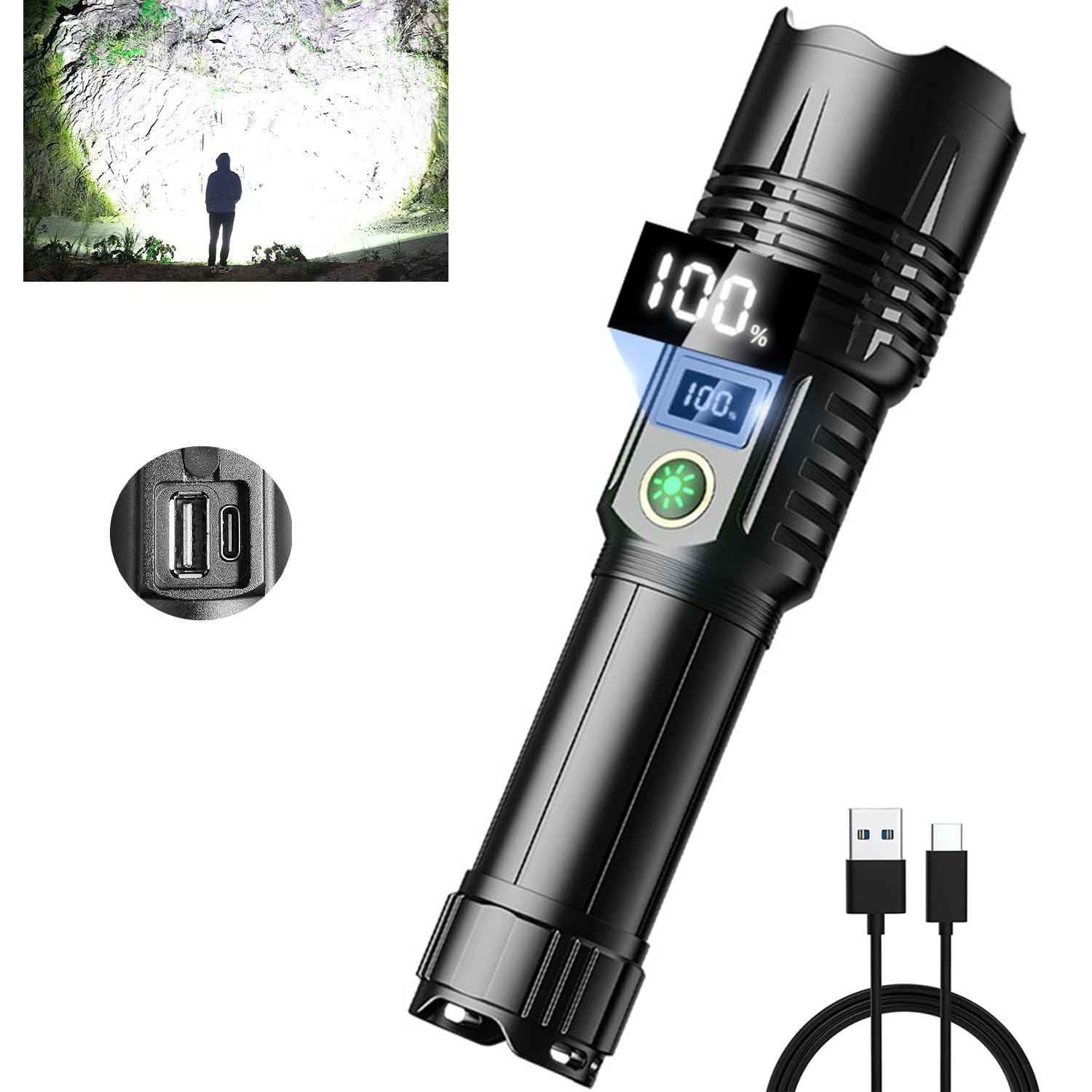 Flashlight High Brightness Rechargeable - 900000 Lumens LED Brightest Flashlight, 5000mAh Large Capacity, 5 Modes, IPX6 Waterproof Powerful Handheld Flashlight, Camping and Outdoor Use