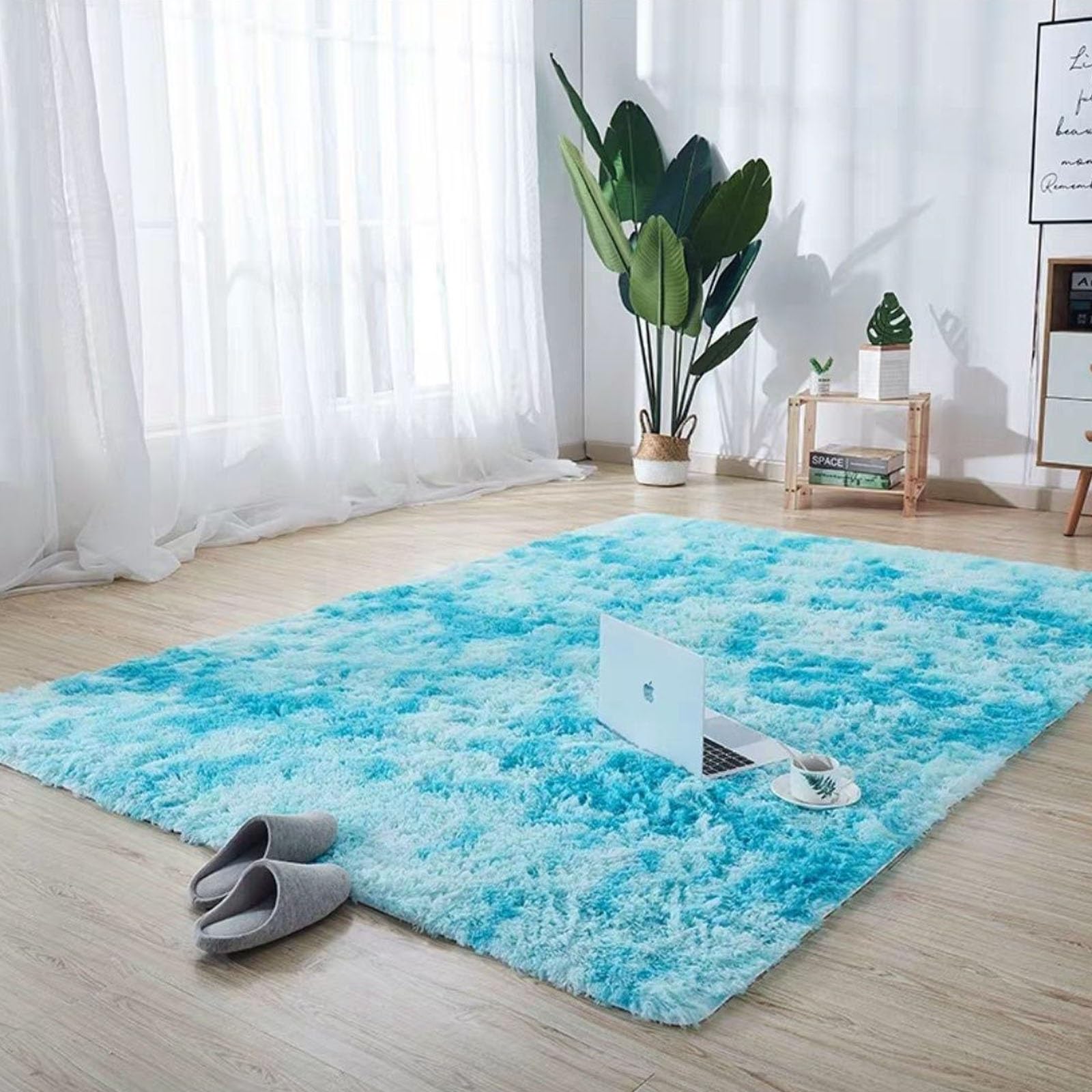 Tapis de chambre bleu 160x320 cm rectangulaire et lavable en machine pour grand salon cosy