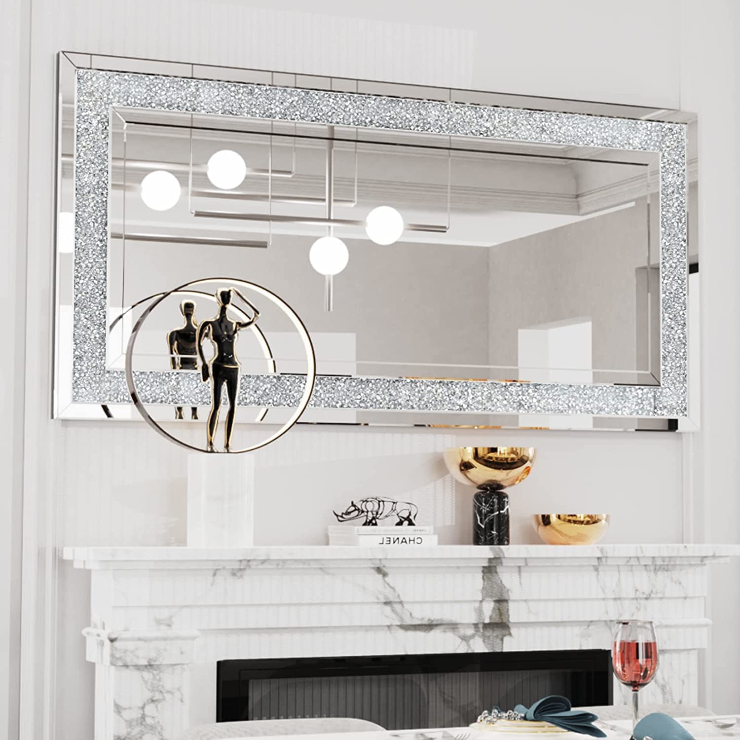 Wisfor Rectangle Decorative Venetian Wall Mirrors: Large Silver Hung Mirrors 120x60x2.5cm Hand Polished Crystals Embedded Bling Crush Diamond Edge Wall Mirror for Living Room,Hallway