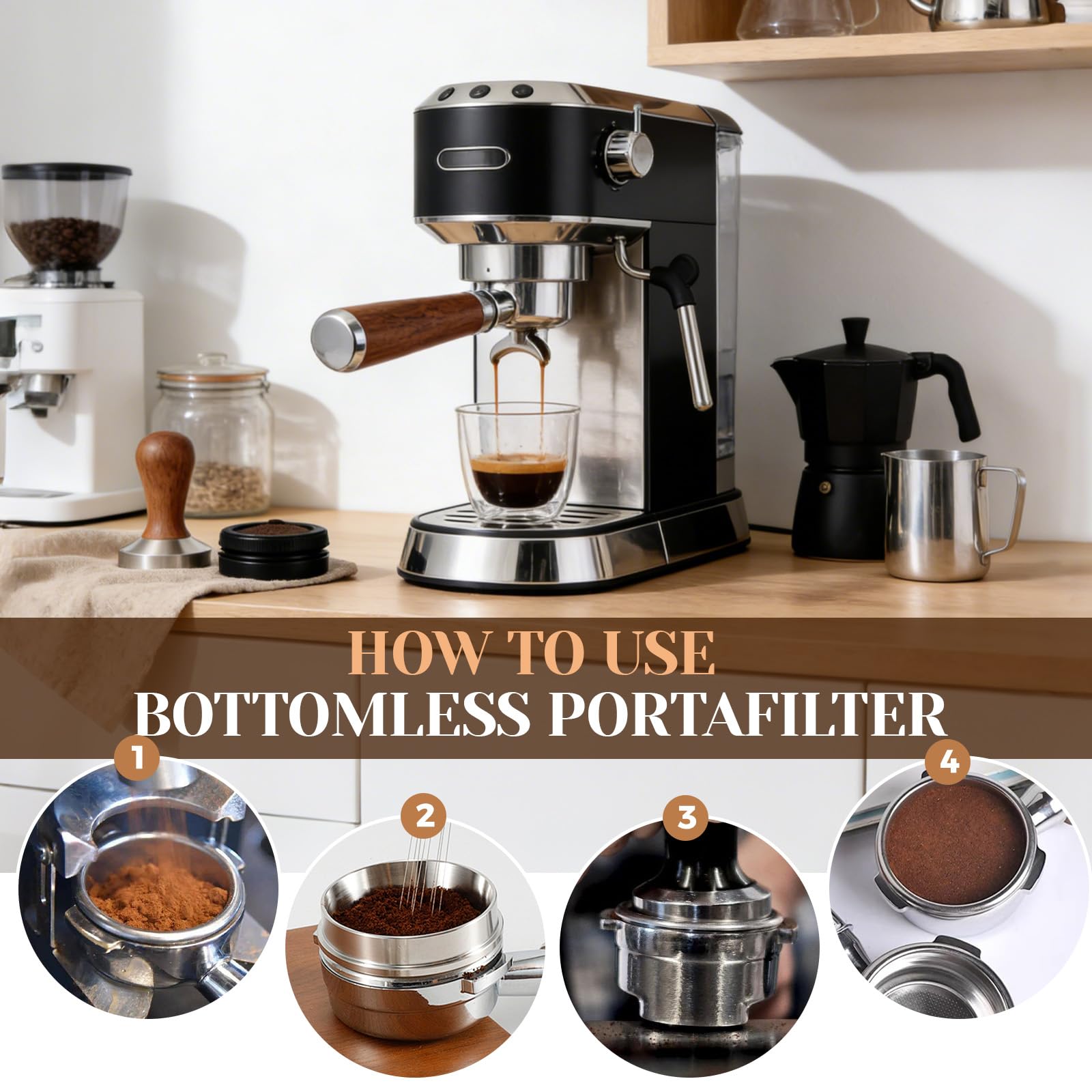 Petyoung Portafiltro Sin Fondo de 51 mm con 3 Orejas, Mango de Madera, Acero Inoxidable, Compatible con DeLonghi EC680/EC685/EC885/EC890, para Máquinas de Café en Casa