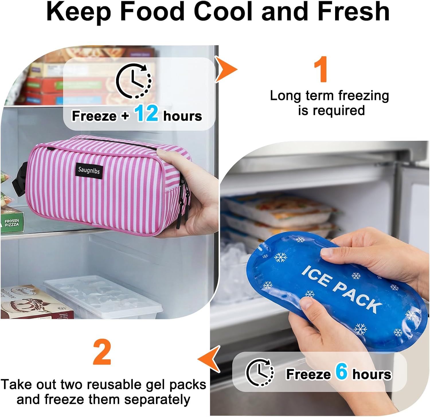 Small Cooler Bag,Mini Cooler Bag with Ice Packs,Insulated Lunch Bag with Handle Buckle,Freezable Lunch Bag for Travel/Work/School/Outdoors, 10“ x 4.5”x 5”,Stripes image 4