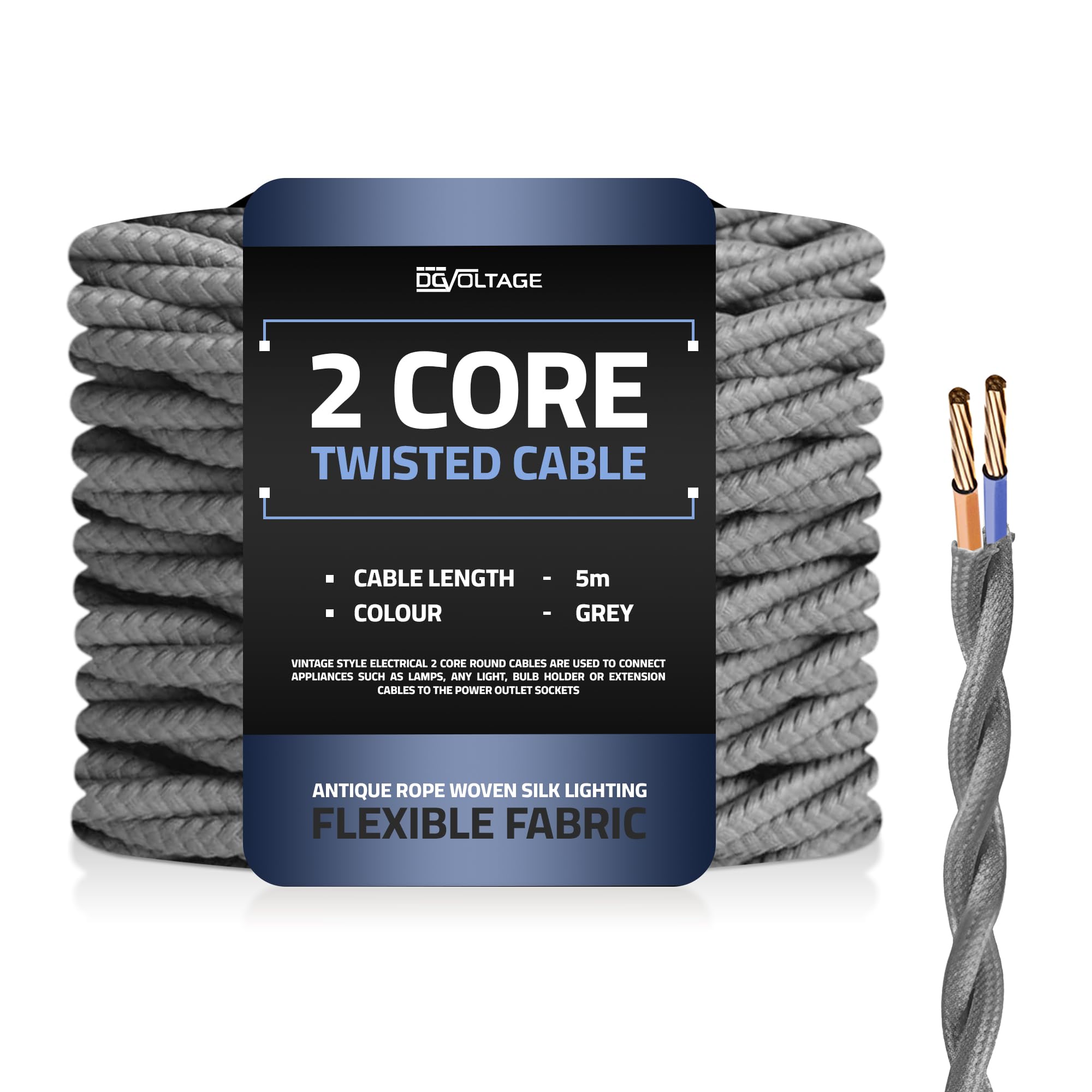 5 Meter Grey Fabric Electrical Wire 2 Core Cable 0.75mm Indoor Use Braided Black UK Wiring Pendant Cord Electricians Technicians DIYers
