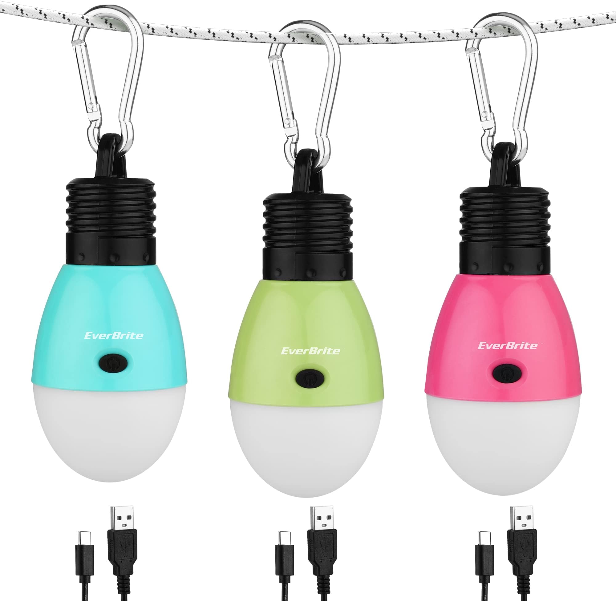 EverBrite Rechargeable Camping Light, Portable Tent Lantern, 3 Lighting Modes, Hanging Tent Light Bulbs with Clip Hook for Hiking, Fishing, Backpacking, Emergency and More(3 Pack)