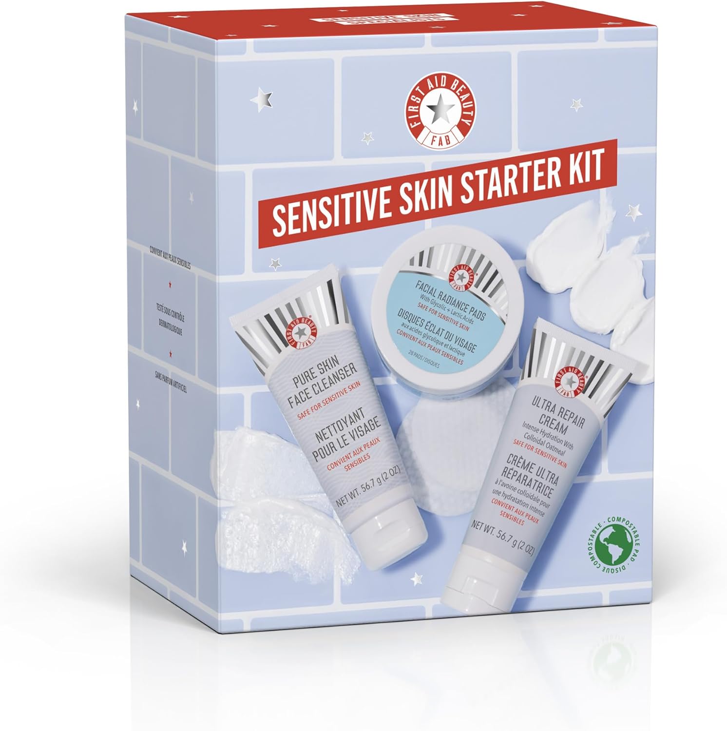 First Aid Beauty Sensitive Skin Starter Set – 3 Safe for Sensitive Skin Products – Facial Radiance Exfoliating Pads, Pure Skin Face Cleanser + Ultra Repair Cream Moisturiser