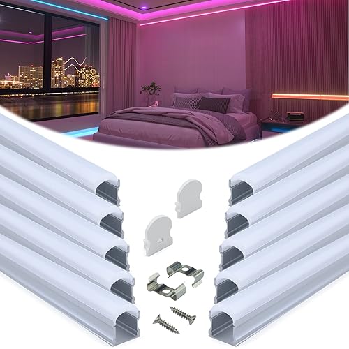 Muzata Paquete de 10 canales LED de 3.3 pies3.3 ft, excelente sistema de canales LED sin manchas con cubierta blanca lechosa de aluminio plateado en