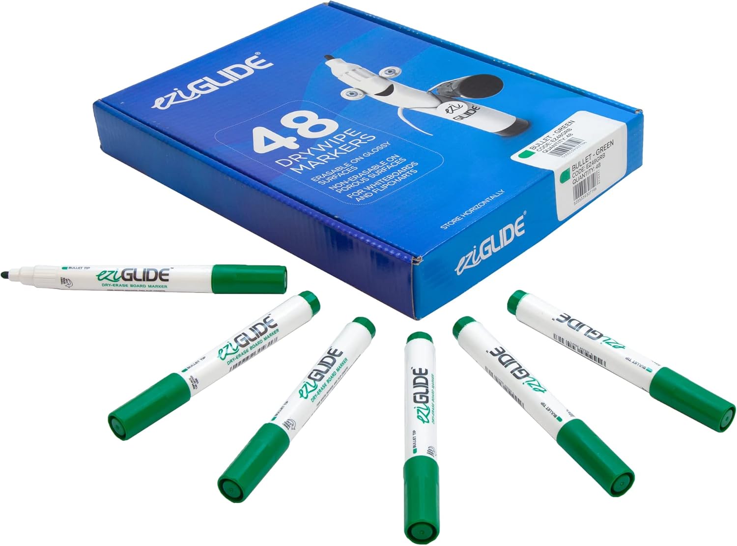 Eziglide Green Bullet Tip Drywipe Whiteboard Pens, Bulk Pack of 48
