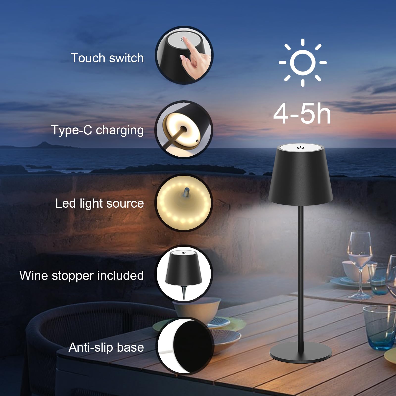 ANTELA Lampada da Tavolo LED Senza Fili Ricaricabile, Dimmer Touch, 3000-5000K, Lampada da Comodino Batteria, per Interni/Esterni, Ristorante/Camera da Letto/Bar, 2Pz(Oro