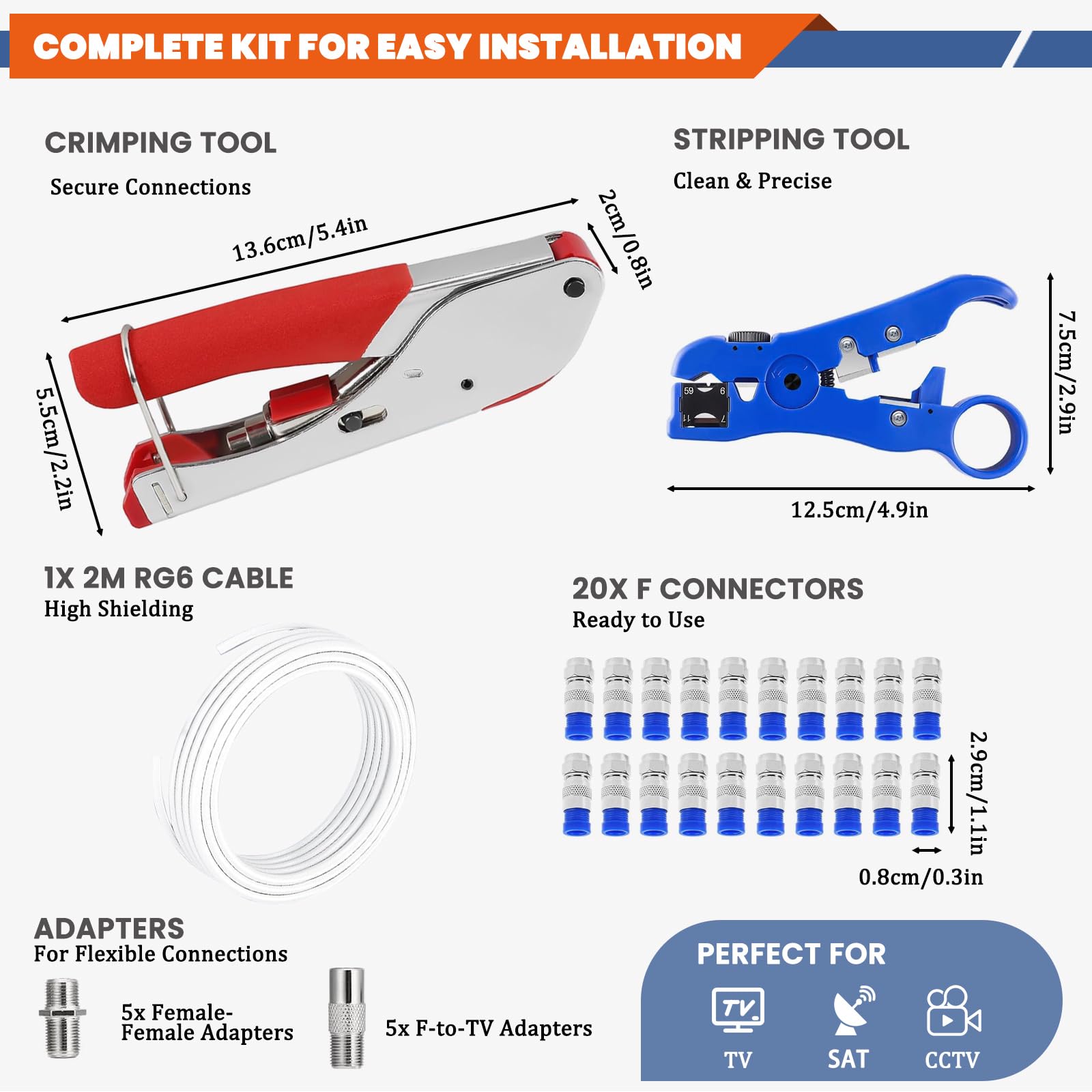 Jukibole Set di pinze crimpatrici e dispellicanti, kit di pinze crimpatrici per cavi coassiali per SAT, cavi coassiali RG6/RG59, set di pinze a compressione – incluso 20 connettori F, cavo TV RG6