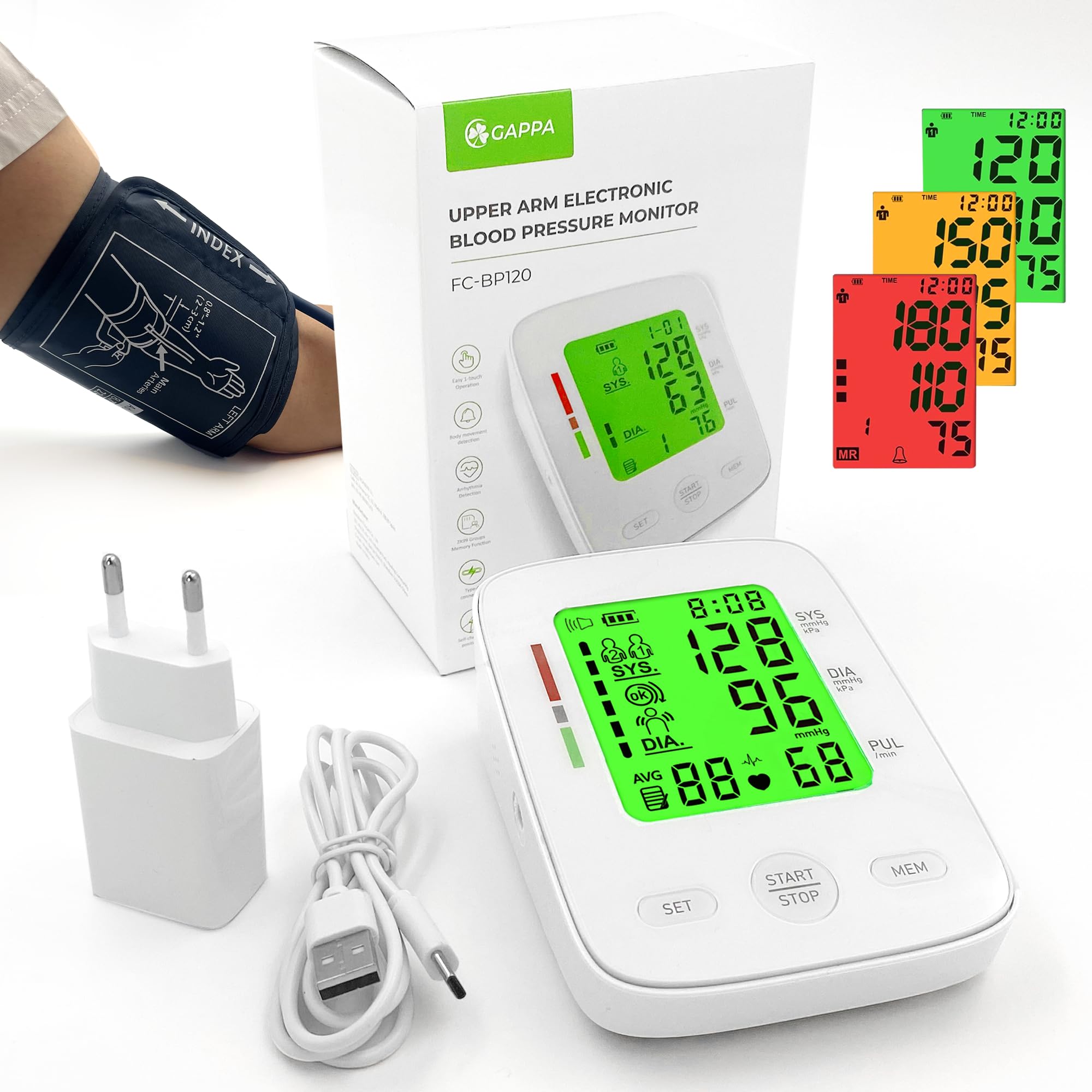 GAPPA FC-BP120 Tensiómetro automático de brazo con adaptador incluido, manguito (extendido 22-42 cm), pantalla a color grande, indicador de riesgo, detección de arritmia, memoria 2x99, portátil