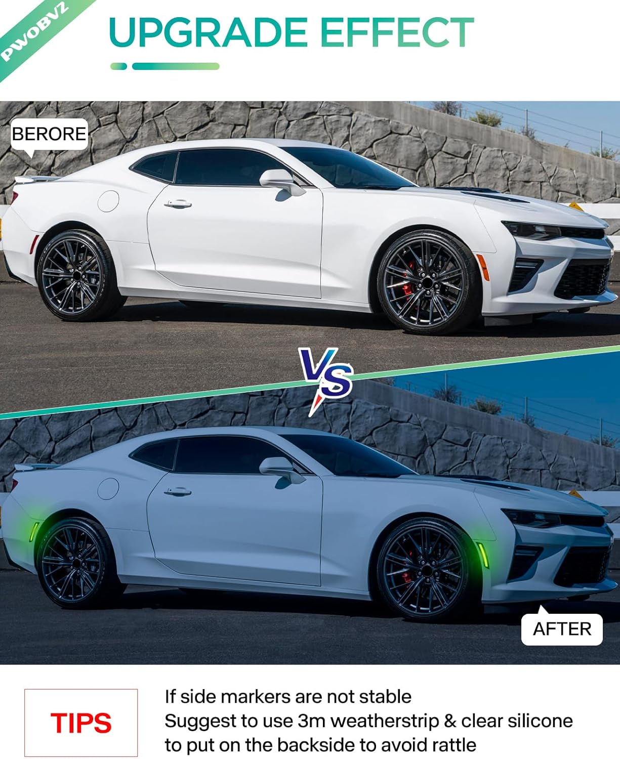 Full LED Side Marker Lights for Chevy Camaro 2016 2017 2018 2019 2020 2021 2022 2023, Smoked Lens Green Front Rear Bumper Running Lamp Repeater