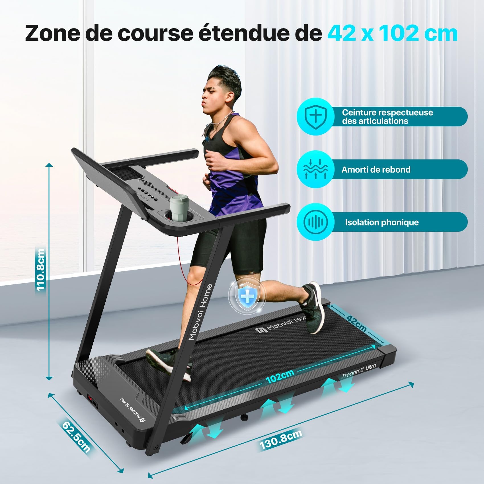 Mobvoi Tapis de Course Ultra 3 en 1 avec Inclinaison de 6% pour la Maison, Le Bureau, 2,5 CV, Support pour Tasse, téléphone, Ordinateur Portable, Grande Surface de Course km/h, 120 kg