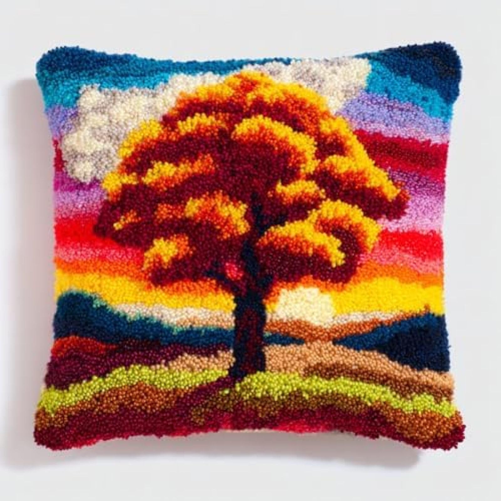 kitphoenix Latch Hook Pillow Cover Making Kit for Adults Beginners,Chestnut Tree and Sunset,DIY Cushion Cover Craft Set with Yarn,Hook and Pre-Printed Canvas,43x43 cm
