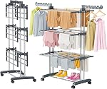 Thicken & Durable Clothes Drying Rack, Extra Large 4-Tier Capacity Foldable Laundry Drying Rack with Wheels, Stainless Steel Clothes Horses for Indoor Outdoor Use in Bedroom, Laundry 50D x 76W x 172H