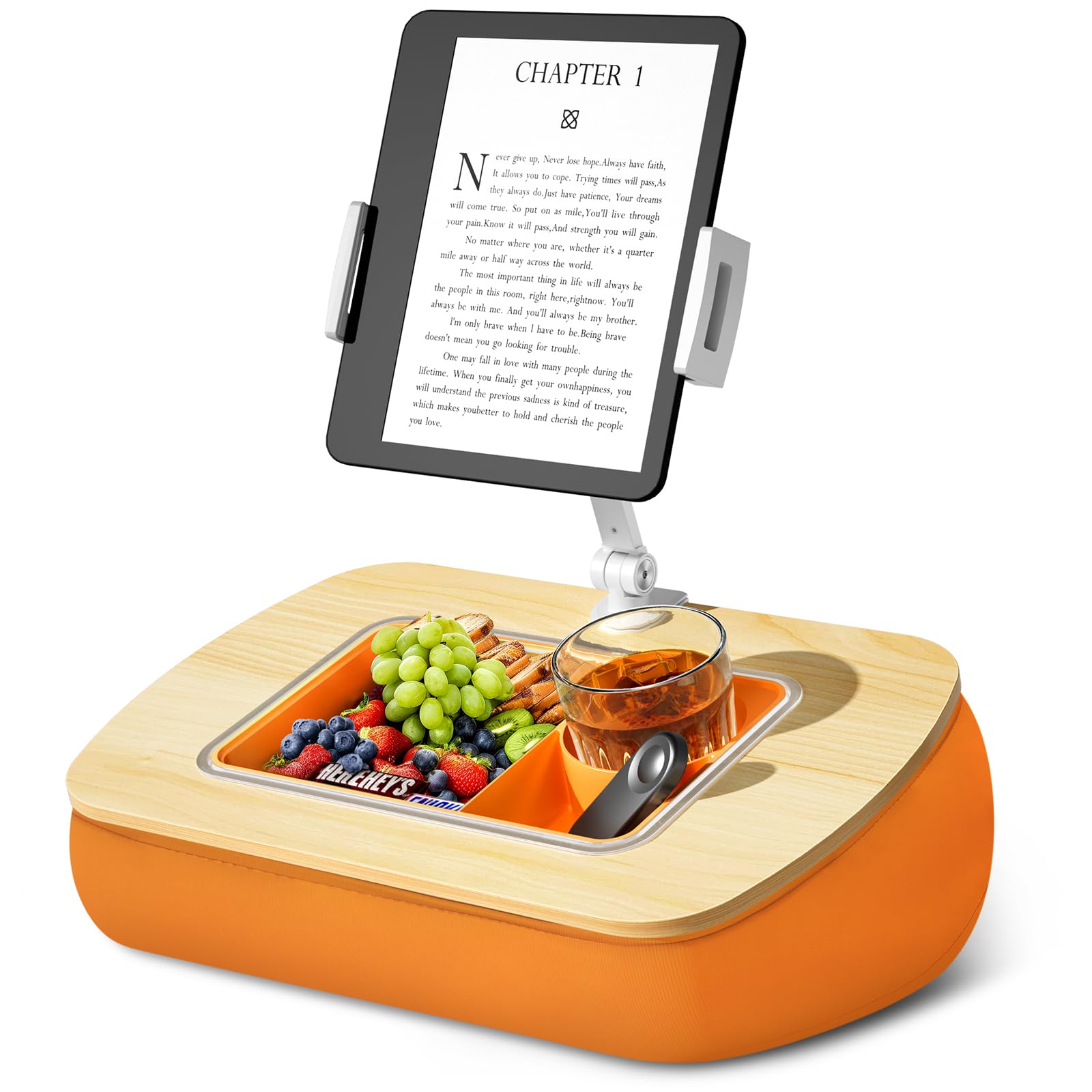 ERGONOV Lap Beanbag Tablet Pillow Stand with Snack Bowl and 360° Rotating Arm, Adjustable iPad Holder for Bed, Couch, and Recliner, Compatible with 4.7"-13" Kindle, iPad, Tablet, Phone,Orange