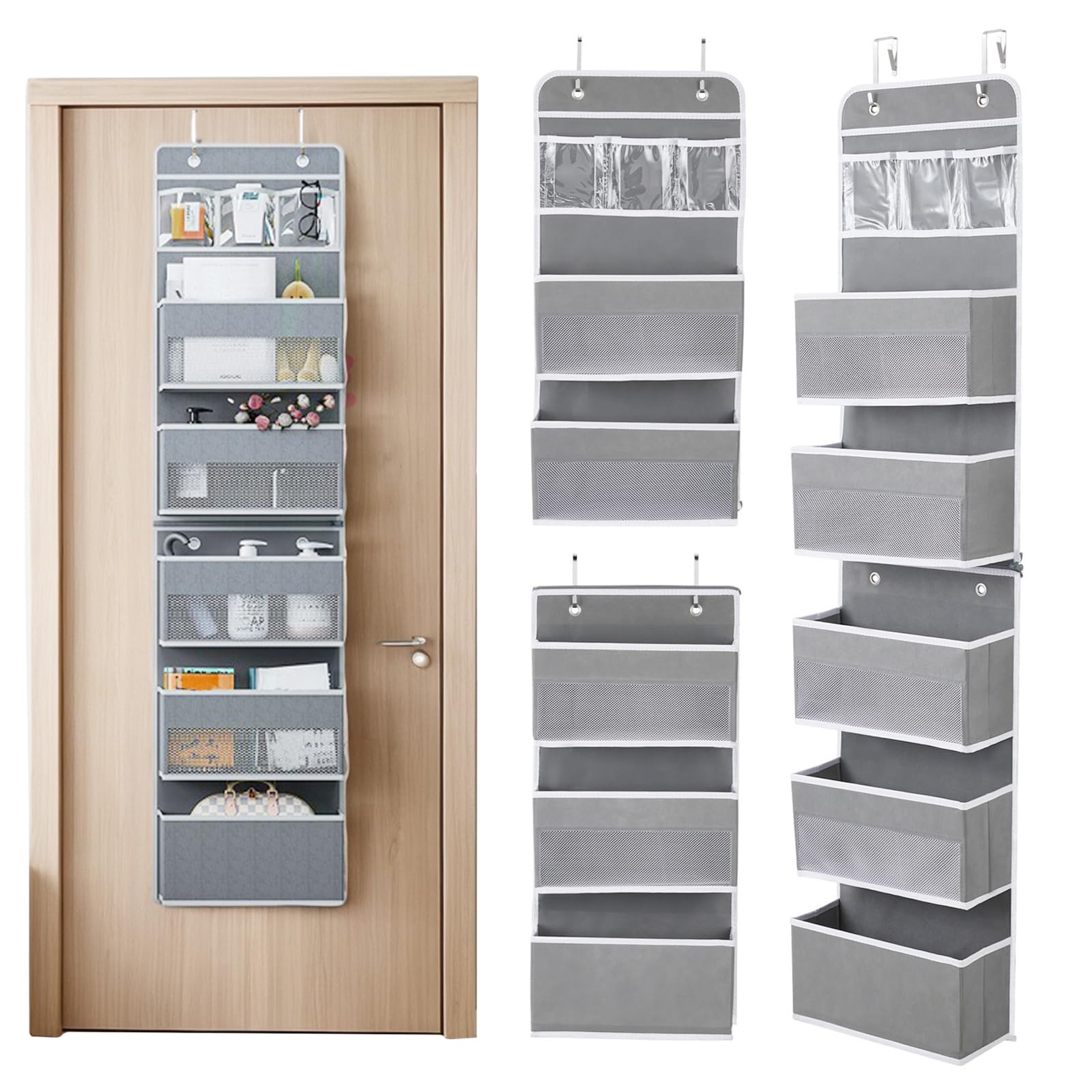 Jianglai Removable - Grey Over Door Storage Hanging Wardrobe Organiser With 6 Large Clear Pockets, 2 Metal Hooks, Hanging Handbag Storage For Bathroom Closet Dorm Nursery (Removable - Grey)