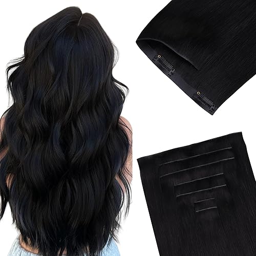 GOO GOO Invisi Edge Clip in Hair Extensions 20inch 150g 7Pcs Injected Seamless PU Clip in Hair Extensions, Virgin Real Human Hair, 1 Jet Black