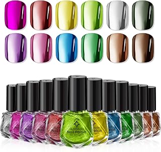 Glamonade Chrome Mirror Holographic Nail Polish Set - 12 Quick Dry Metallic Colors, Long-Lasting Mini Kit for DIY Salon Manicures & Gifts