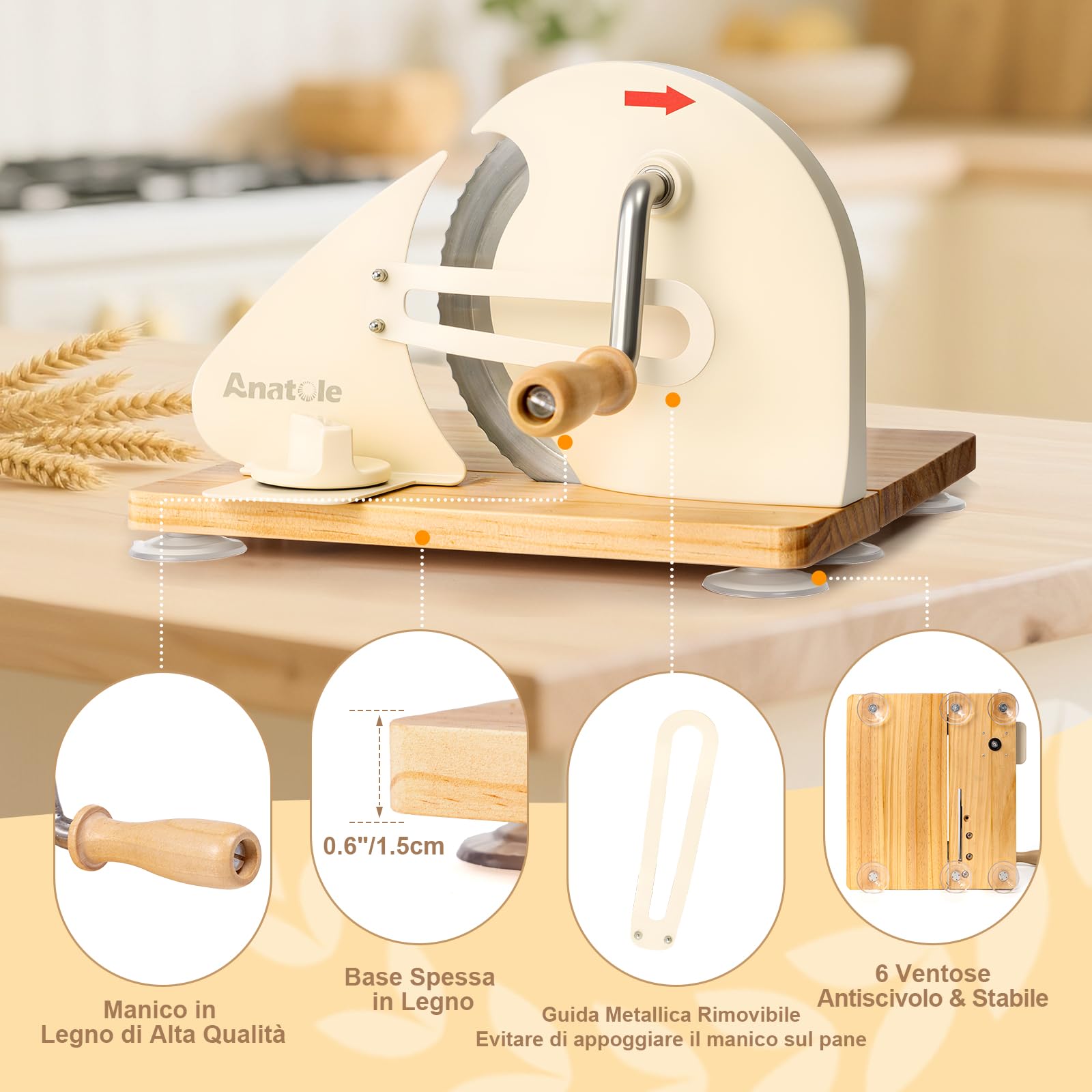 Anatole Affettatrice per Pane Manuale Pieghevole Acciaio Inox 0-20mm | Taglia Pane a Fette Professionale Piccola, 6 Ventose, Base&Manovella in Legno, Guida Metallica Rimovibile, per Toast Baguette