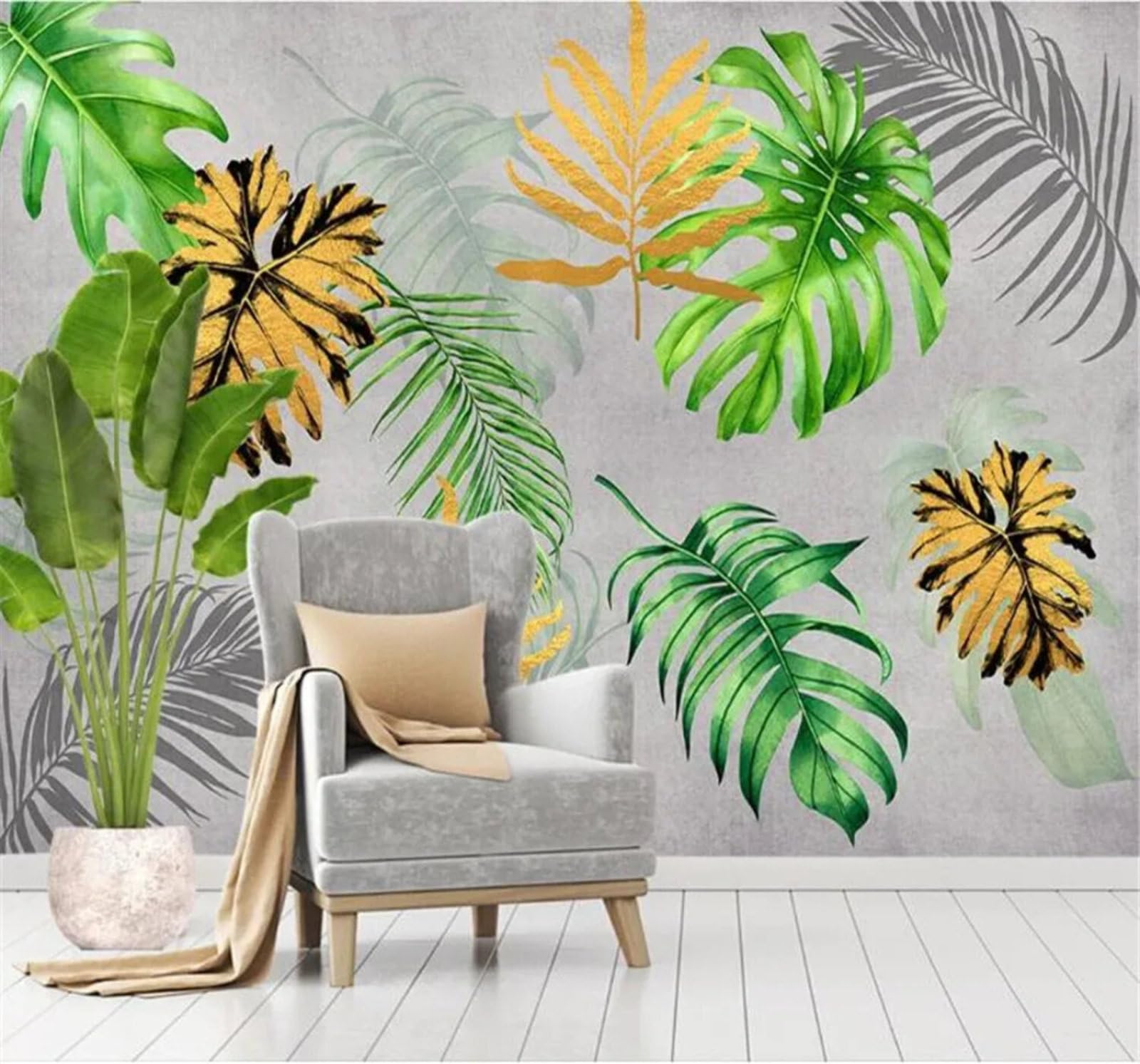 Tzxztt Minimalist Hand Drawn Tropical Green Monstera Modern 3D Wallpaper Premium Textured Silk Neutral Tones Material Ideal for Living Room Bedroom-250cm×170cm