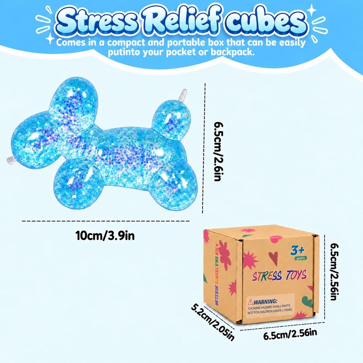 Balloon Dog Squishy Toy, Stretchy Sensory Fidget Toy for Kids and Adults, 1.97in Soft Stress Relief Squeeze Toy, Cute Balloon Animal Desk Toy, Glitter Squishy Gift(Blue)