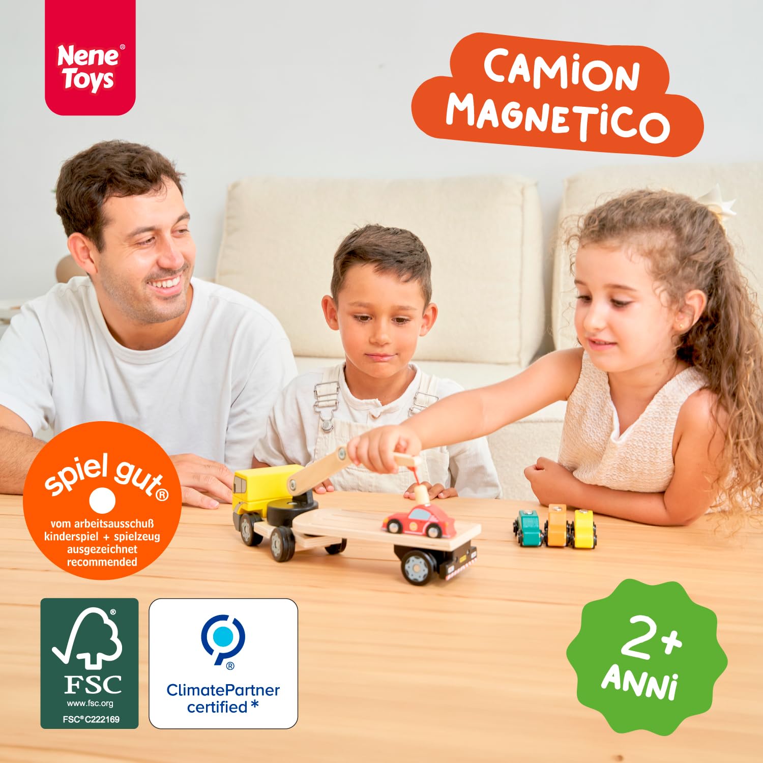 Nene Toys Camion Magnetico in Legno con 4 Auto e Rimorchio Staccabile – Giocattolo per Bambini 2+ Anni con Gru Interattiva – Gioco Educativo e Creativo – Macchinine e Veicoli Maschi Femmine 2 3 4 Anni