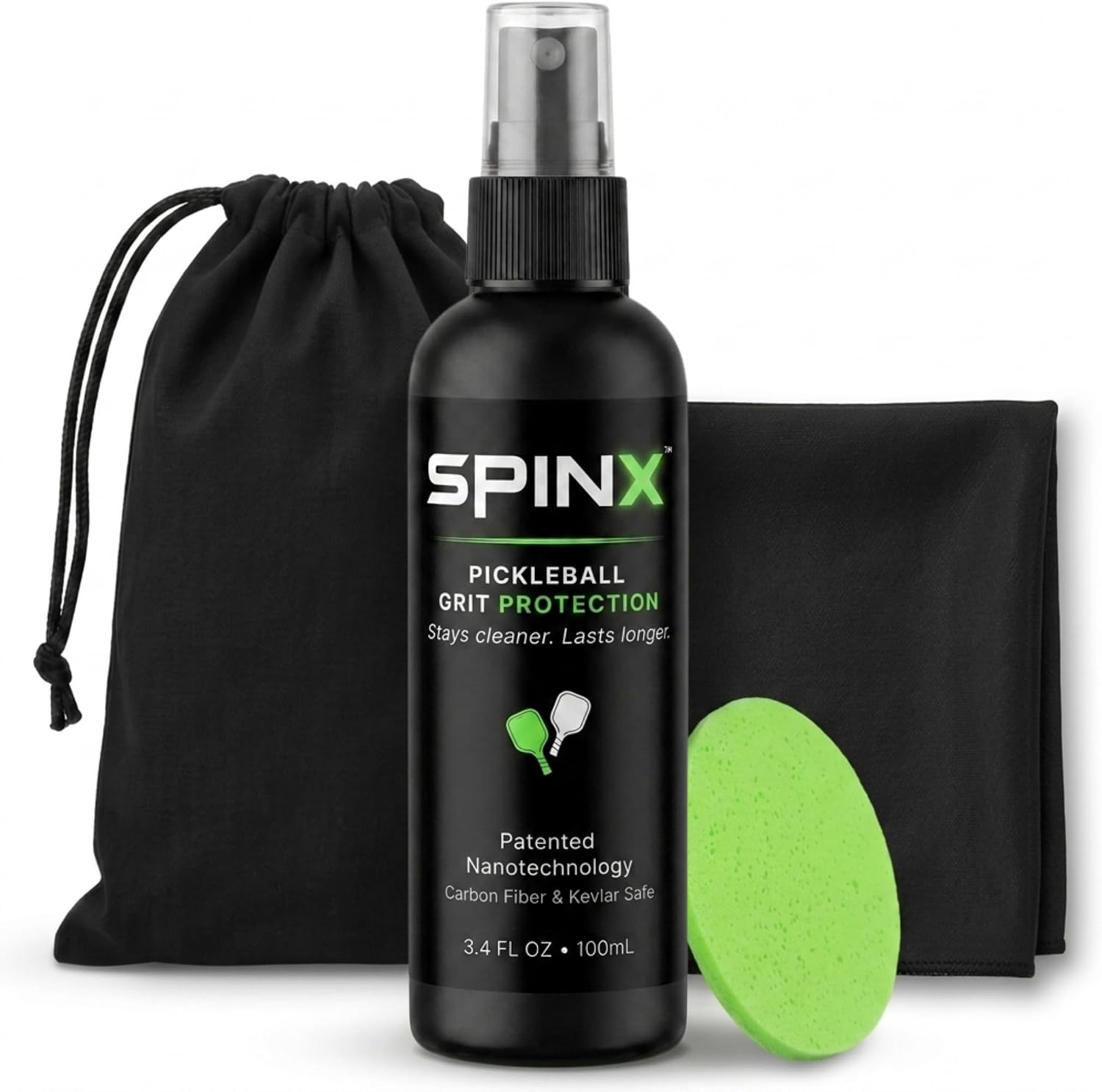 SPINX Patented Pickleball Paddle Cleaner Spray & Grit Protection Kit | Prevents buildup, Carbon fiber & Kevlar safe, Non-abrasive, Alcohol-free, Weightless