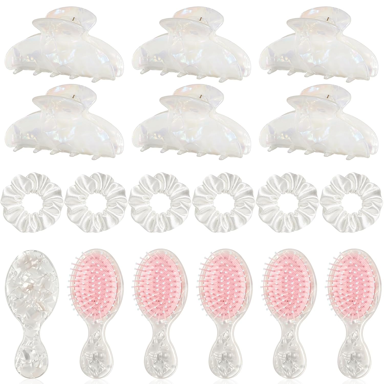 White 6 Set Bridesmaid Proposal Gift Silk Hair Scrunchies Acetate Claw Clips Travel Hairbrush Bridal Party Favors Bachelorette Birthday Party Gifts for Women