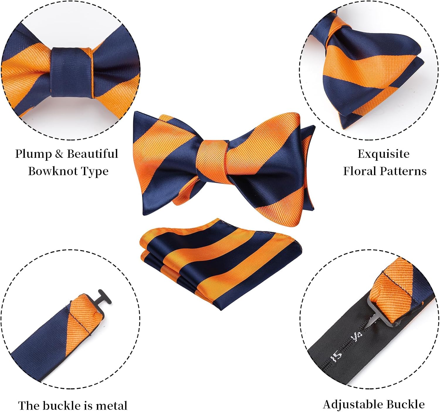 HISDERN Bow Ties for Men Striped Bowties Men's Self Tie Bowtie Handkerchief Formal Tuxedo Wedding Bowties and Pocket Square