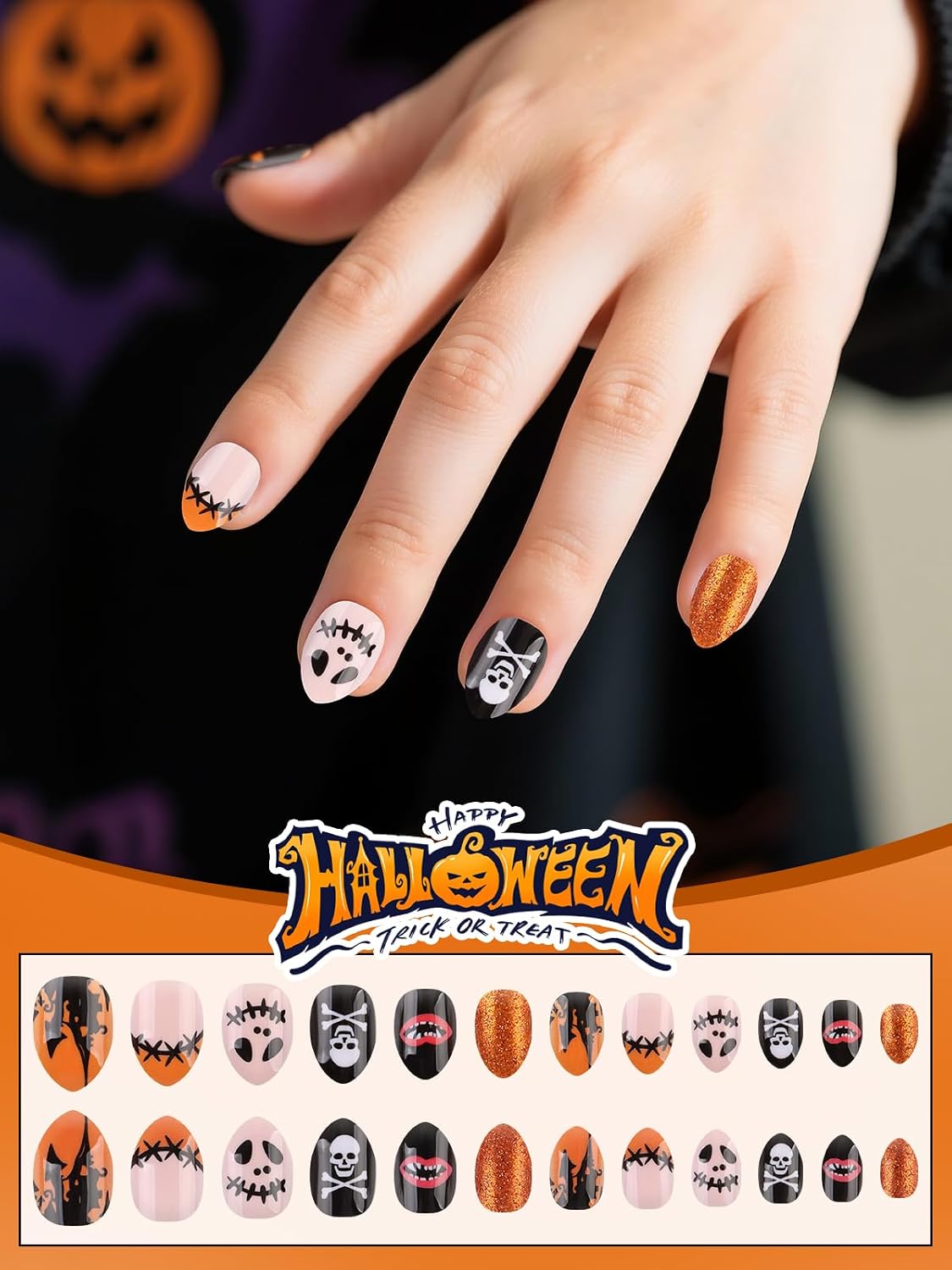 EBANKU Halloween Kid Press on Nails, 72Pcs Almond Fake Nails Kit Full Cover image 3