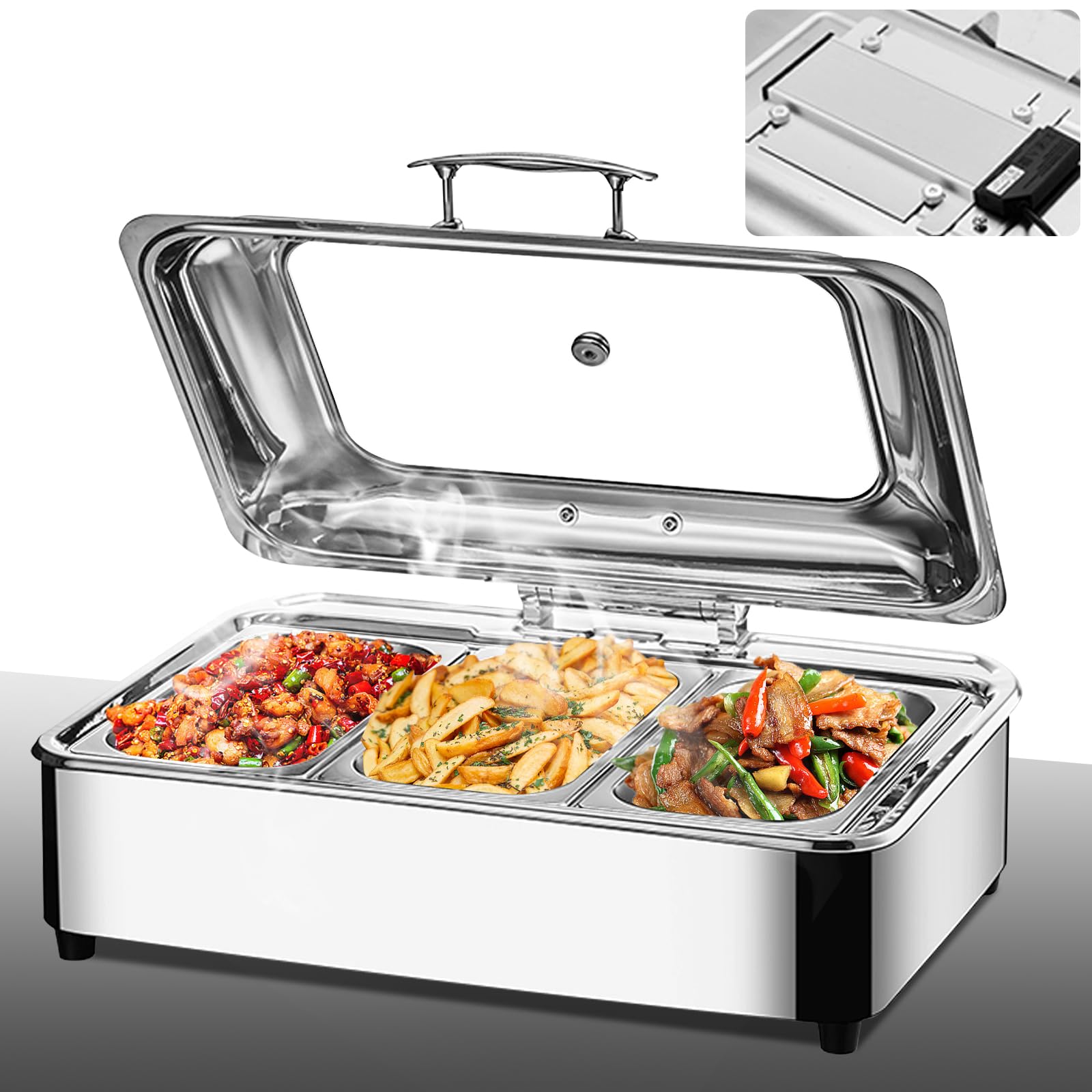 Chafing Dish Electrique, 9L Chauffe-Plats Buffet, Buffet Chauffant en Acier Inoxydable pour Restauration, Traiteur, Buffet Fêtes, Température Réglable 30-85 °C (1/3)