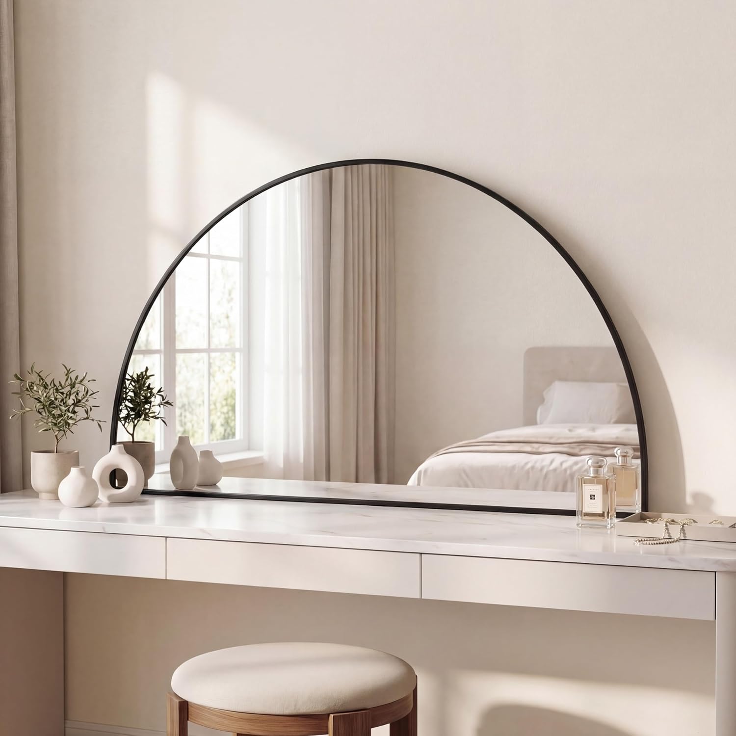 JONATHAN Y Solstice 42" x 23" Black Half Moon Mirror Slim Aluminum Metal Frame Modern Horizontal Wall Mounted Semicircle for Bathroom Vanity or Entryway MIR211A