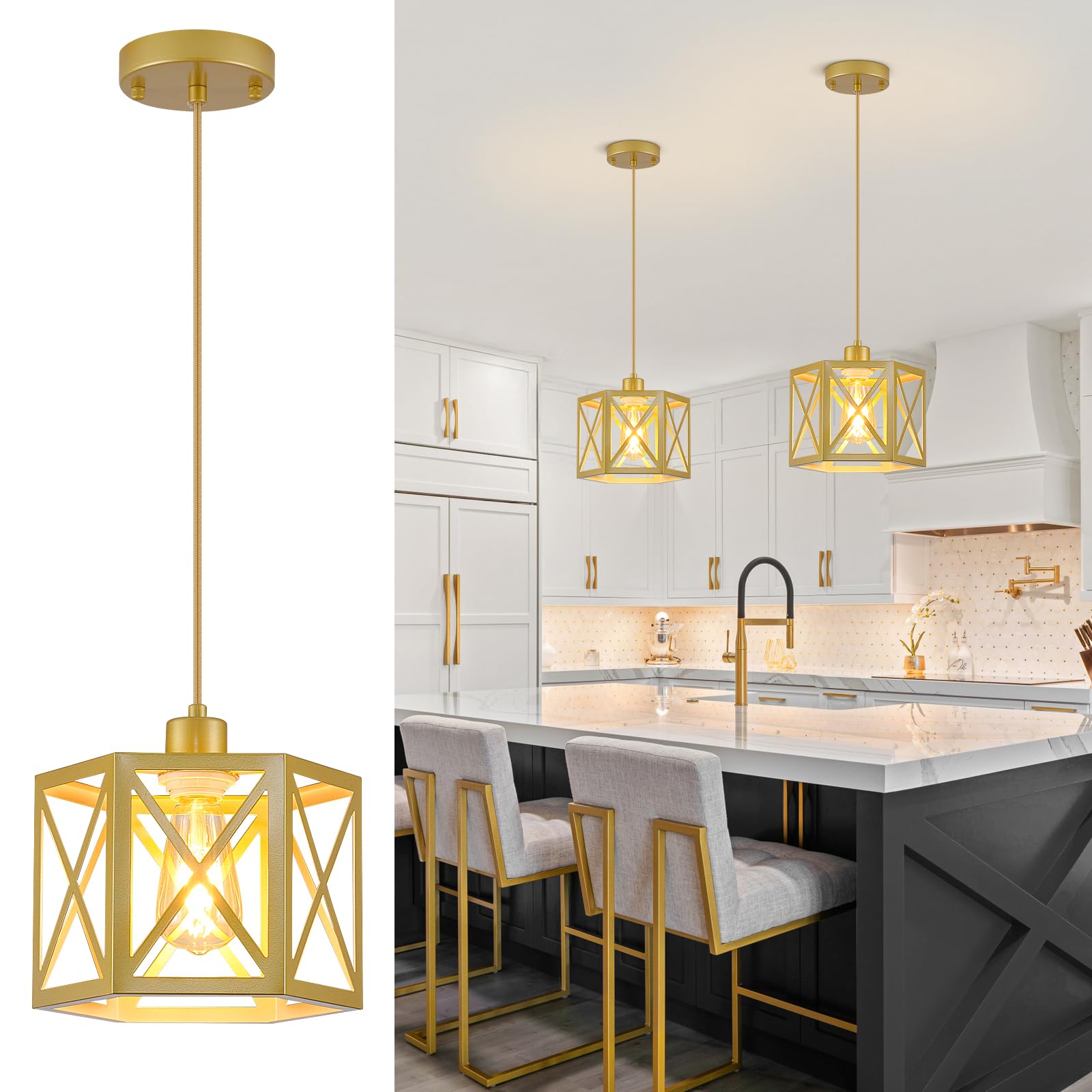 Photo 1 of XSDeTu 2 Pack Gold Pendant Lights, Modern Farmhouse Hanging Light Fixture with Hexagonal Cage, Vintage Brass Metal Ceiling Lights, Adjustable Lantern Pendant Lighting for Kitchen Island Sink Hallway