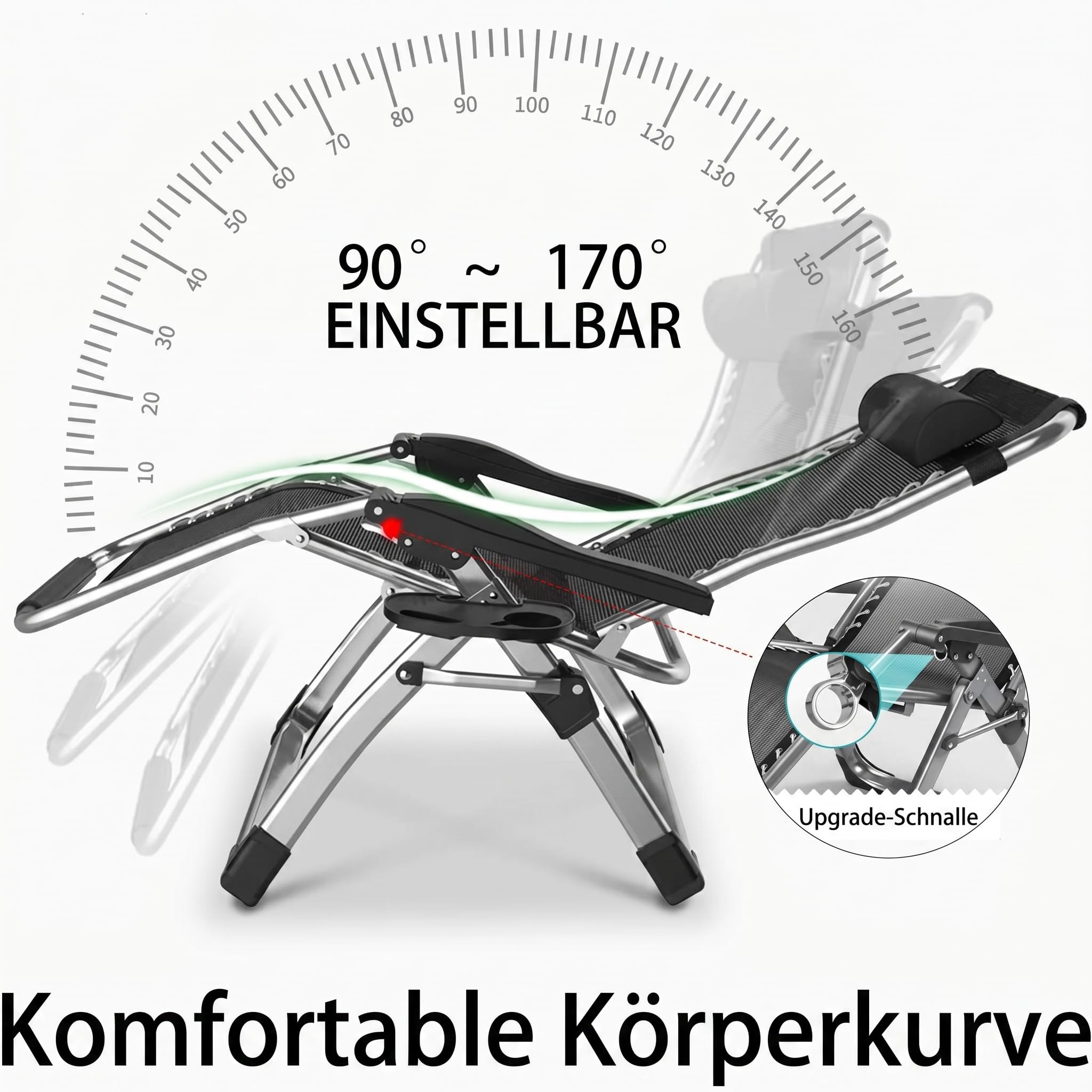 Zero-Schwerkraft Garten Liegestuhl, Schwarz, 1 Stück | Sonnenliege Klappbar, Mit Klapptaschen, Verstellbare Rückenlehnen, Kissen und Getränkeständer
