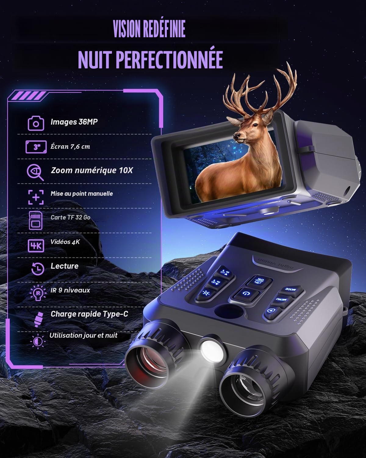 Lunettes de vision nocturne, jumelles de vision nocturne 4K pour adultes, haute puissance, caméra de vision nocturne HD de 7,6 cm, lunettes infrarouges pour le camping et l'extérieur avec carte TF de
