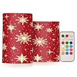 Gold Snowflakes Stars Red Flameless Candles, Flickering LED Candles Battery Operated Color Changing with Remote Timer for Party Wedding Decoration