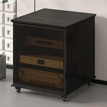 AV Media Cabinet Audio Rack with Wheels, Adjustable Shelves, Stereo Cabinet AV Media Stand with Tempered Glass Door, Rapid Heat DissipationBlack,3-Tier