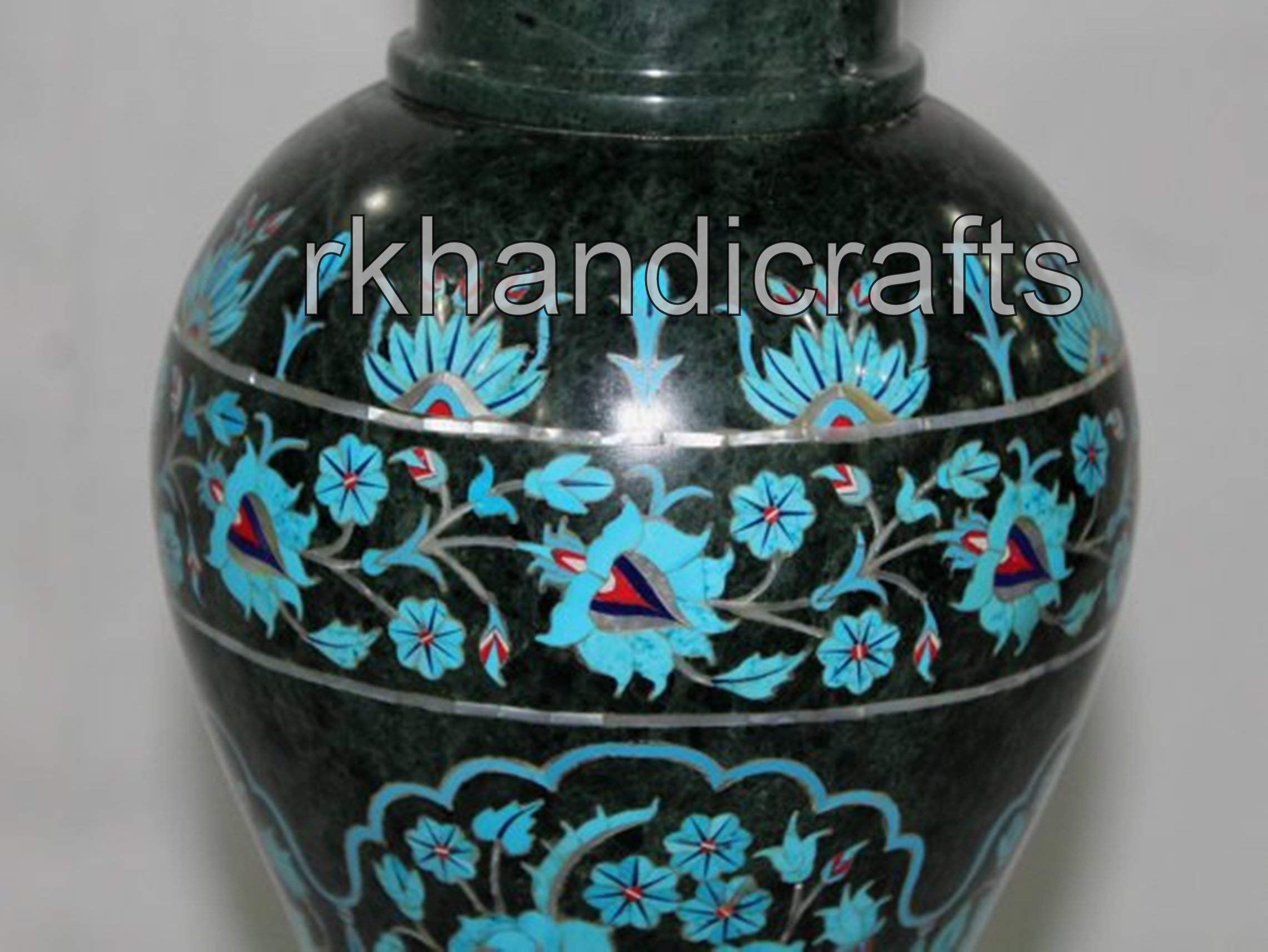 Vase En Marbre Vert Incrusté De Turquoise - 14 Pouces - Artisanat Indien