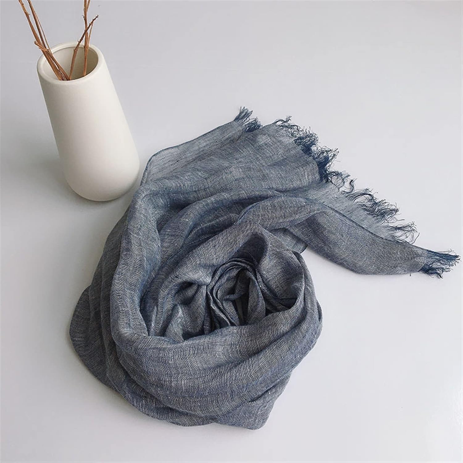 Pure Color Linen Infinity Scarf for Women & Men Lightweight Unisex Bib All-Match Shawl Neck Warmer, 52x190cm (Color : Retro Blue, Size : 52x190cm)
