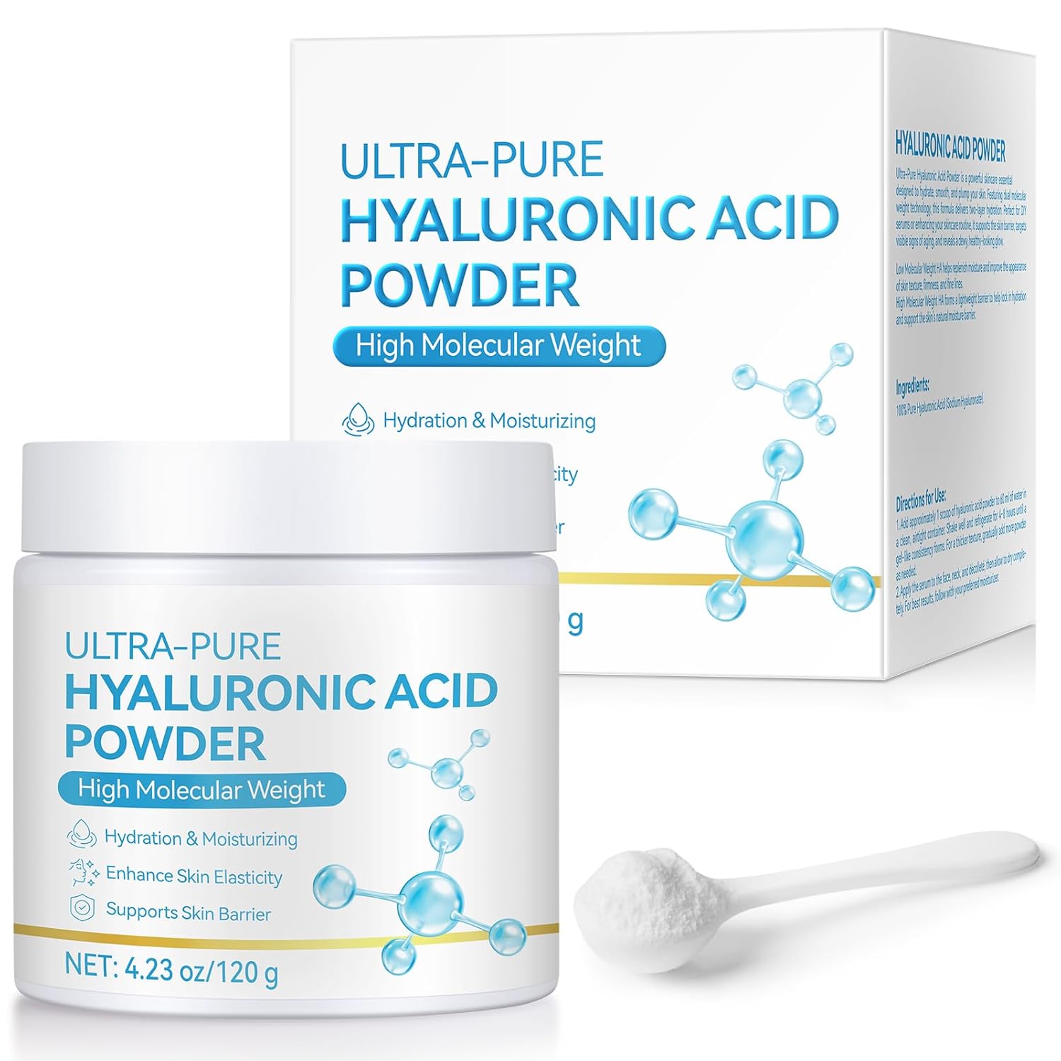 Vortexonix Pure Hyaluronic Acid Serum Powder for Skin & Face, 120G High Molecular Weight Anti Aging Hyaluronic Acid serum, Water Soluble, Fine Powder, Gluten Free, Non-GMO- Includes Scoop
