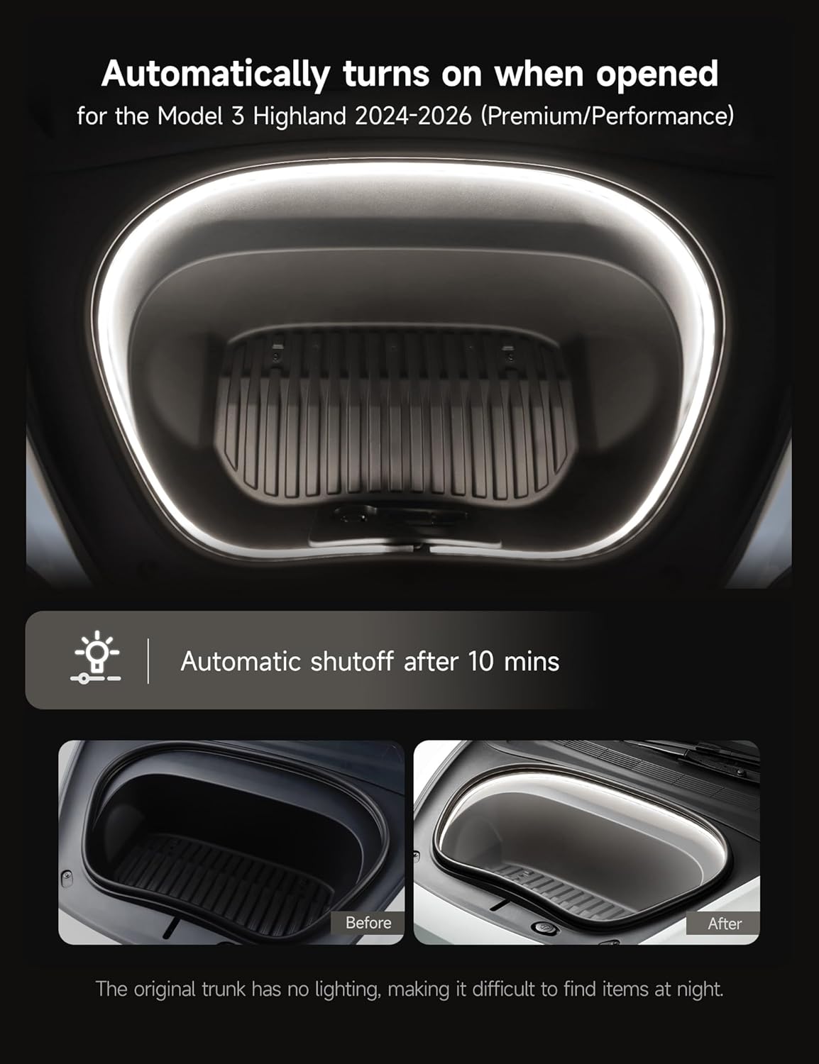 TPARTS Frunk LED Strip for Tesla Model 3 Highland 2024-2026 Flexible Silicone Waterproof Interior Lighting Bar, Model 3 Premium/Performance Front Trunk Accessories Ambient Lights(Cool White Light)