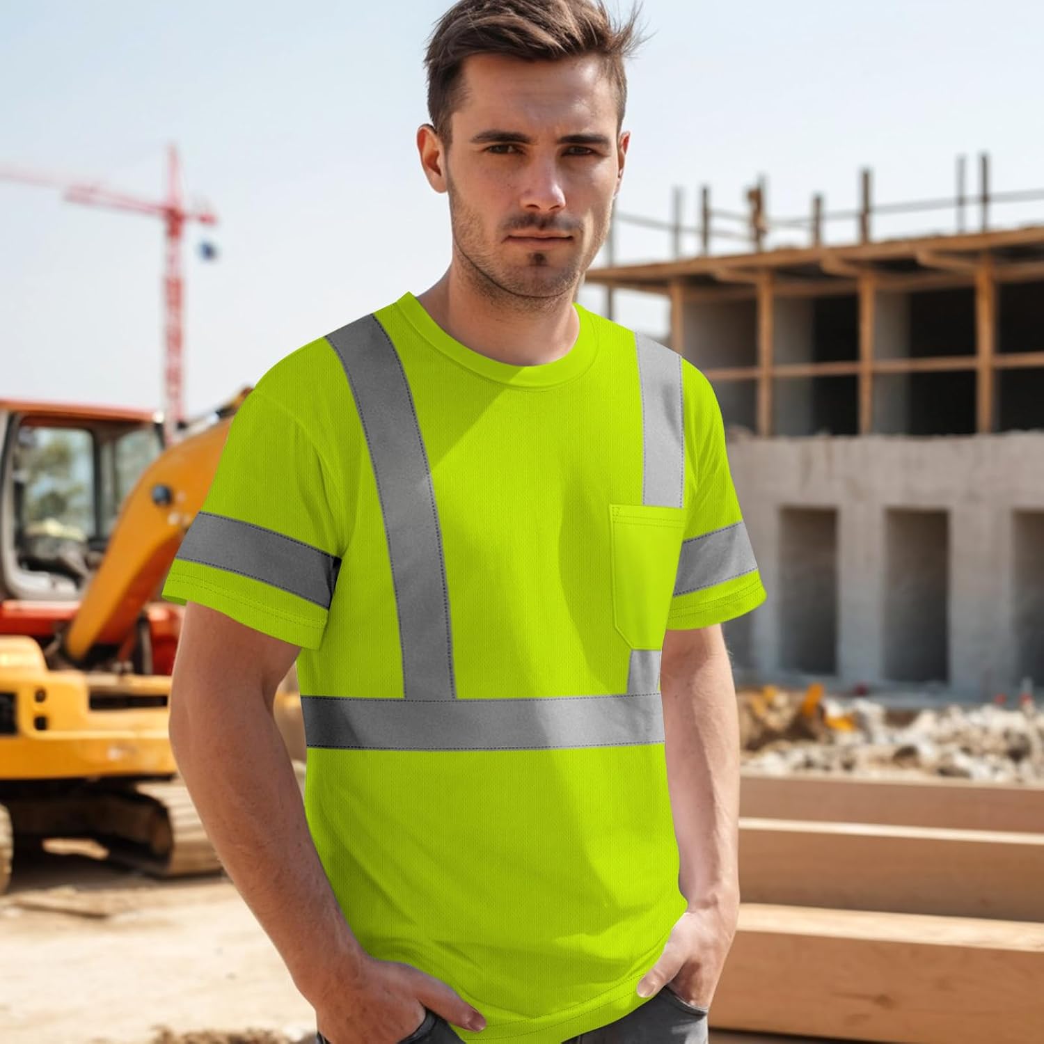 Work Shirts for Men ConstrUCRtion Class 3 High Visibility Shirts, Hi Vis Reflective Safety T-Shirts for Men Women, Short Sleeve Work Shirts, Durable to Use, UCR-Yellow XL - Image 2