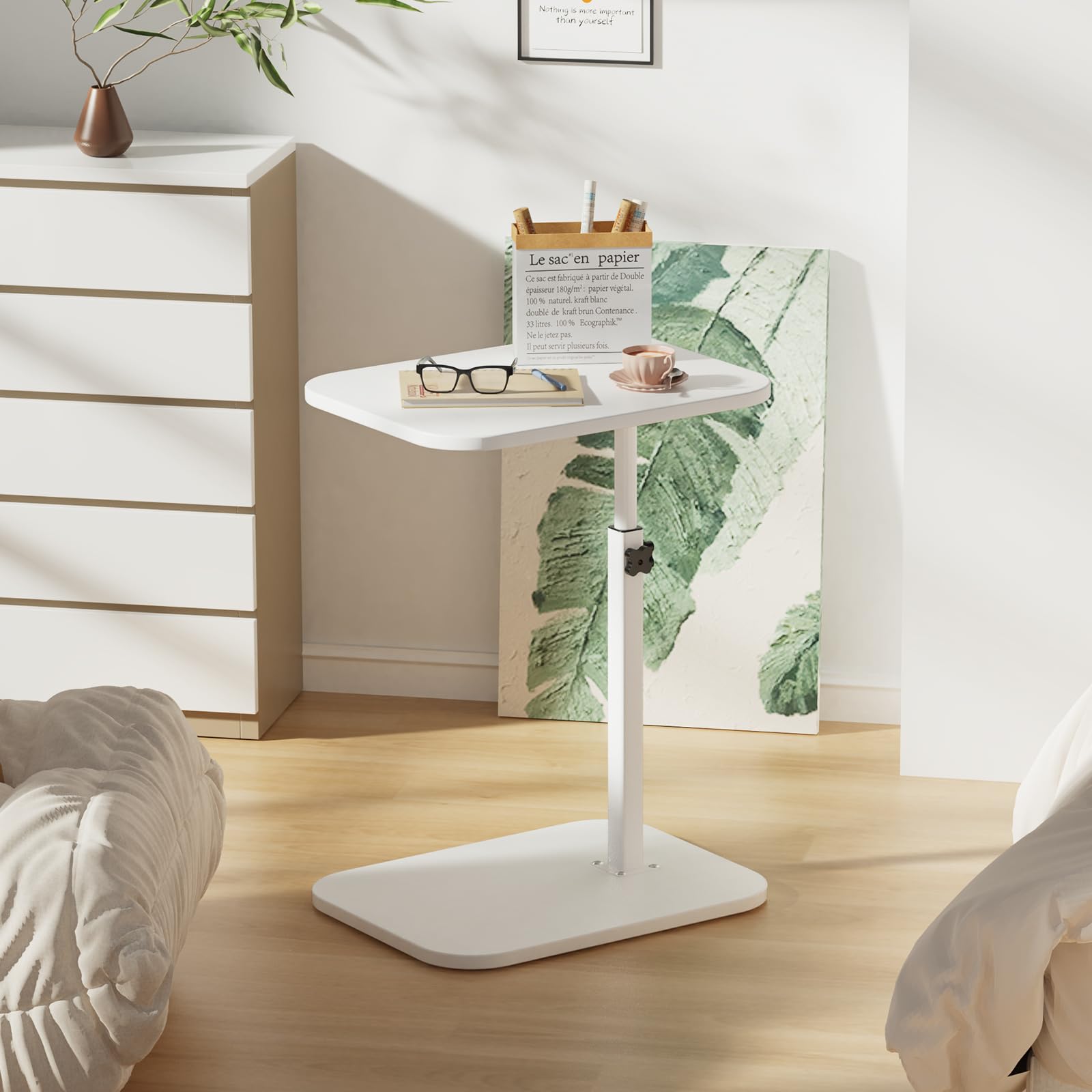 LANTUS Table de lit Mobile, Table d'appoint,Support PC pour Salon Bureau Chambre, Freins pour Stabilisation, Réglage Facile, 40 x 30 x 80 cm - Forme en C - Blanc