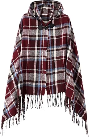 Womens Vintage Plaid Knitted Tassel Poncho Shawl Cape Button Cardigan