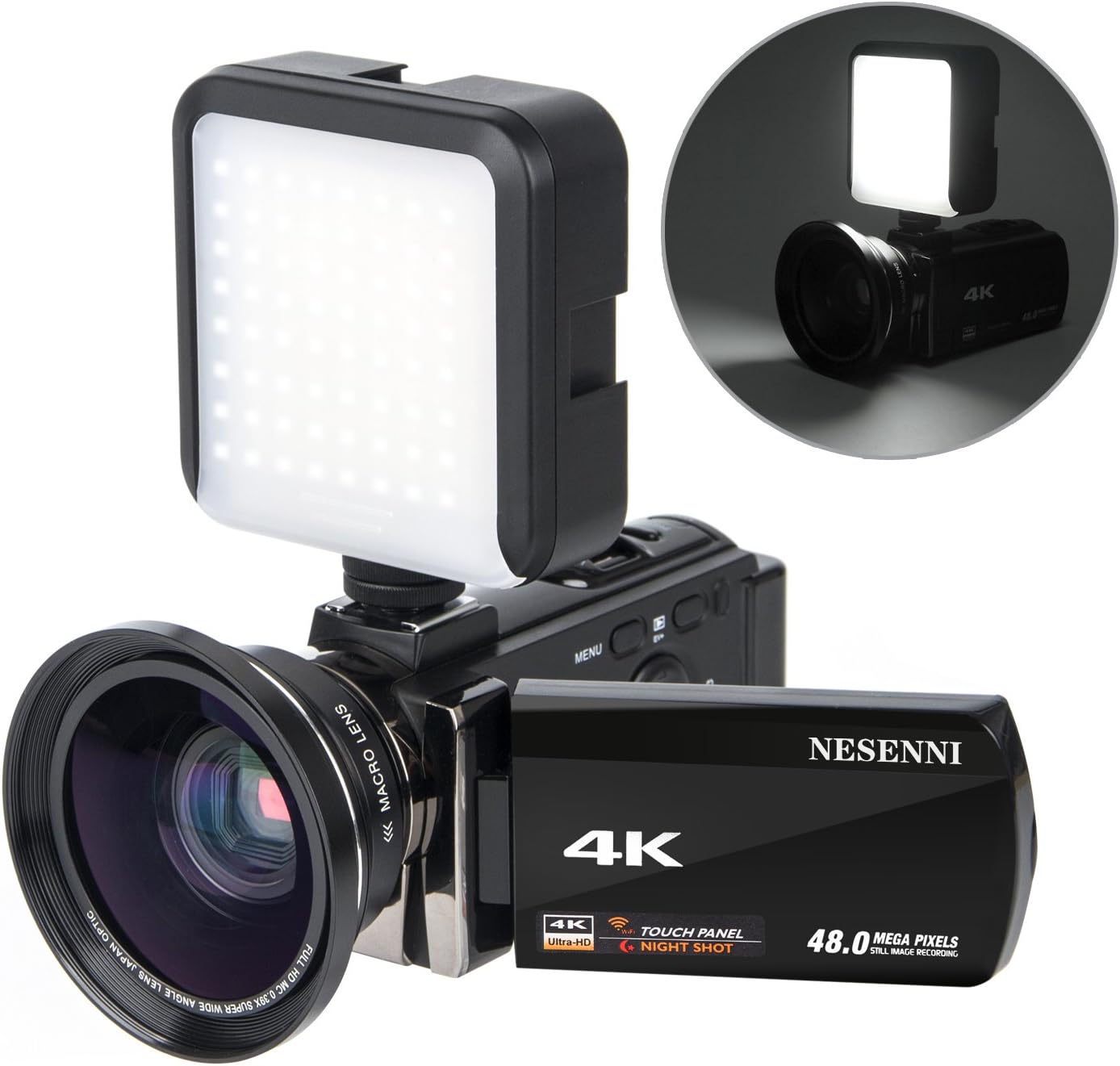 4K Camcorder Digital Video Camera Recorder Vlogging Camera NESENNI HD 48.0MP 3.0 inch Touch Screen IR Night Vision 16X Digital Zoom Camera with 2 Batteries,Led Video Light and Wide Angle Lens(614KWL)