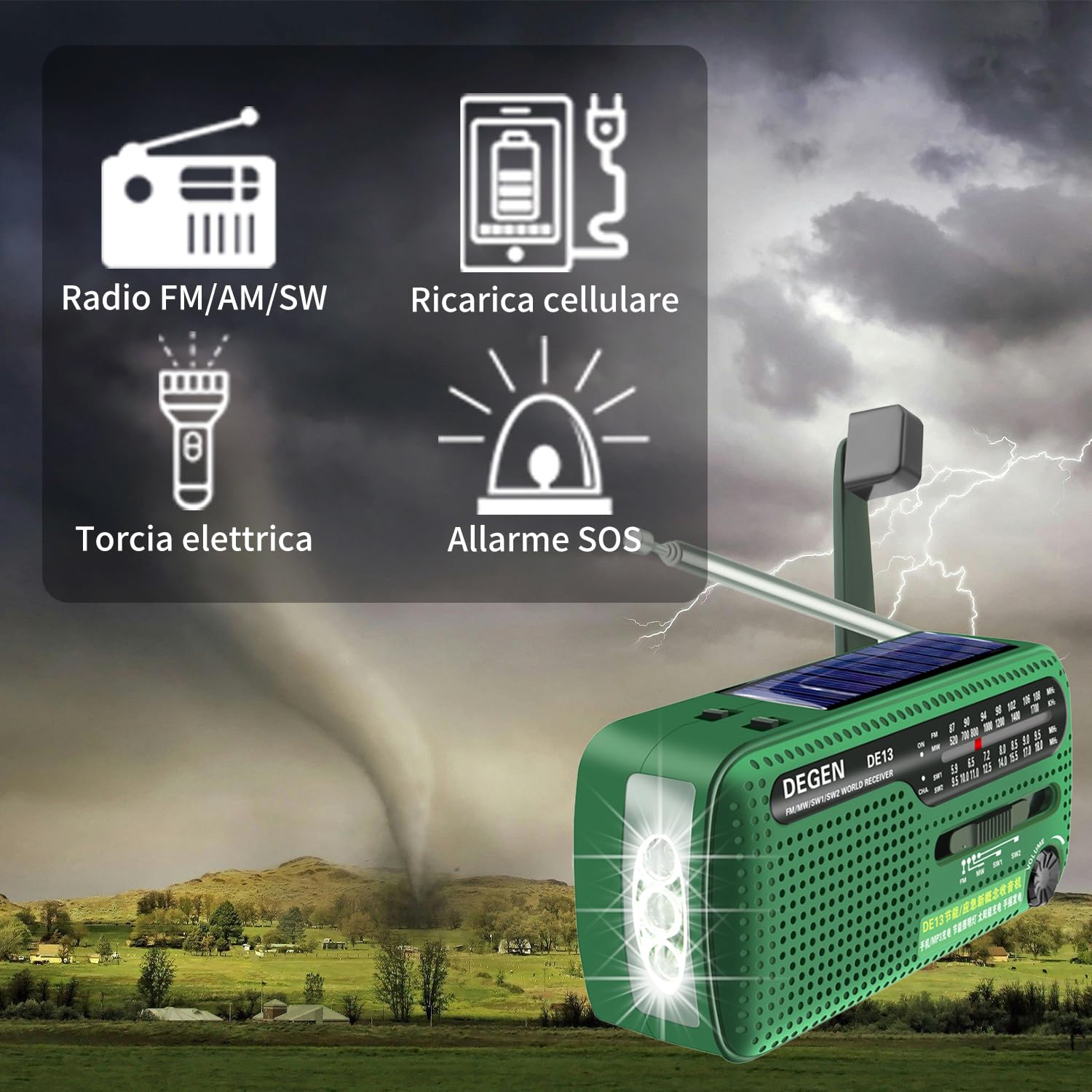 DE13 FM AM SW Radio Portatile Manovella Solare EmergenzaRadio Wind Up Radio con Torcia Elettrica Luce da Lettura Regolabile SOS Allarme Funzione Adatta a Famiglia Campeggio