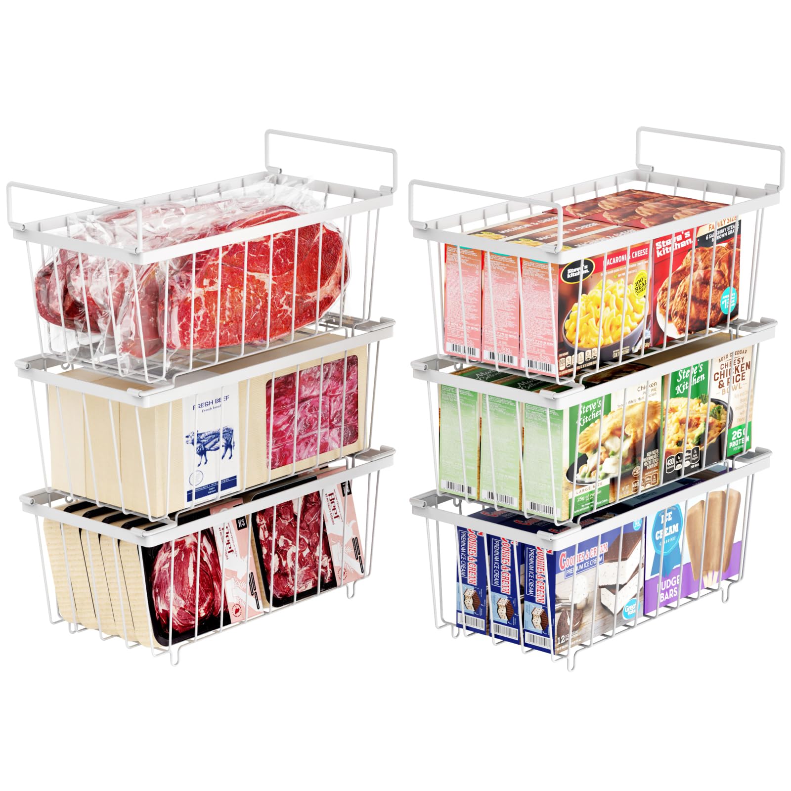 iSPECLE Chest Freezer Baskets - 6 Pack Stackable Organiser for 198L Deep Freezer, Easy Sort and Get Food with Handles, Add Space and Allow Air Circulation for Better Freshness, White