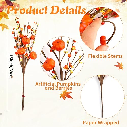 Miniatura 2 de FOIMAS 6 tallos de bayas artificiales de otoño con tallos de calabaza naranja Pip Berry Autumn Spray Picks para otoño, Acción de Gracias, Halloween,